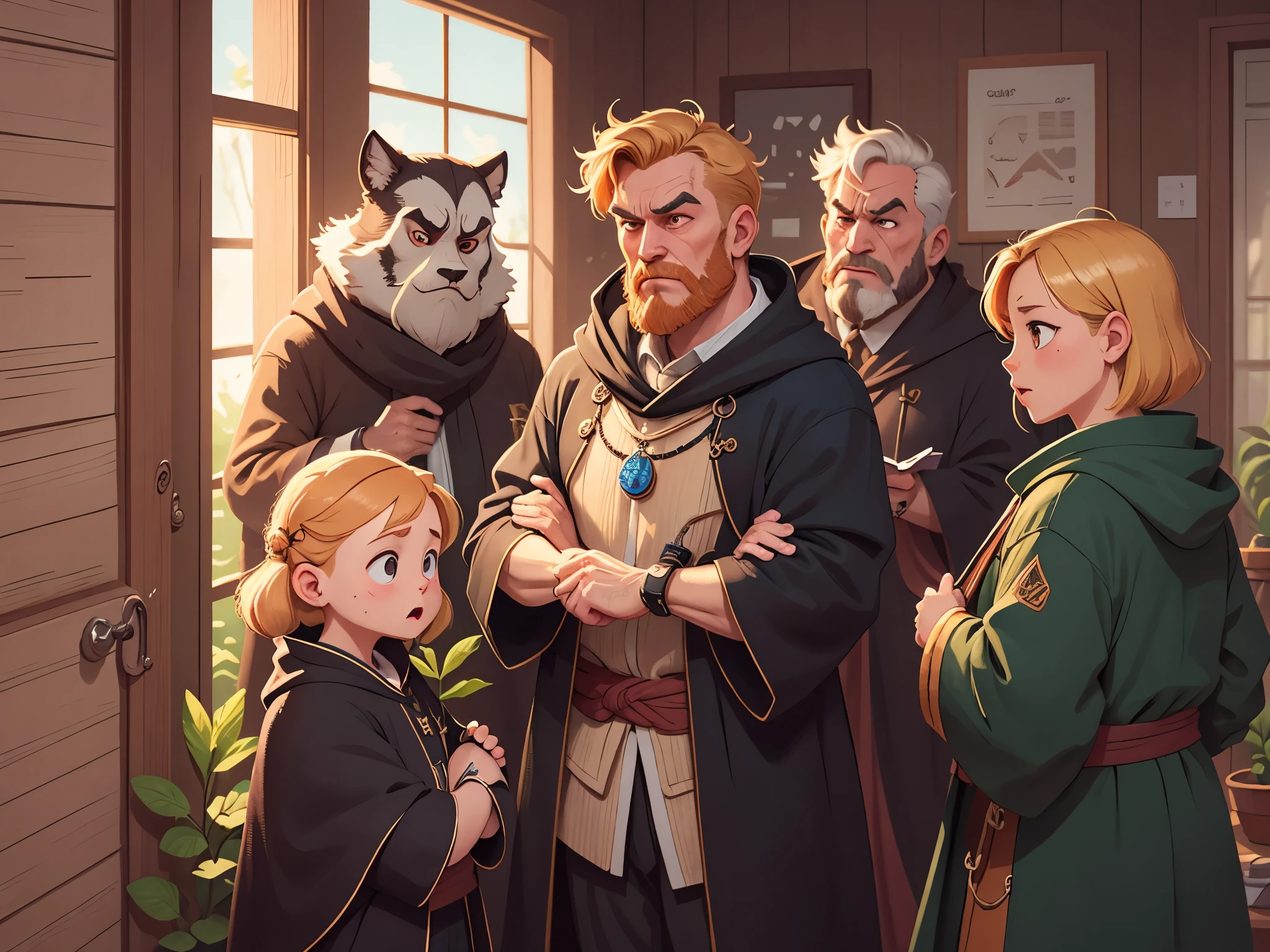 [[[Ultra detailed, best quality, beautiful, 4K, detailed faces, medieval story]]], serious, a group of tall men in black robes with serious expressions, blond hair, dignified mysterious people, standing in a wooden house Front, colorful children's book illustrations