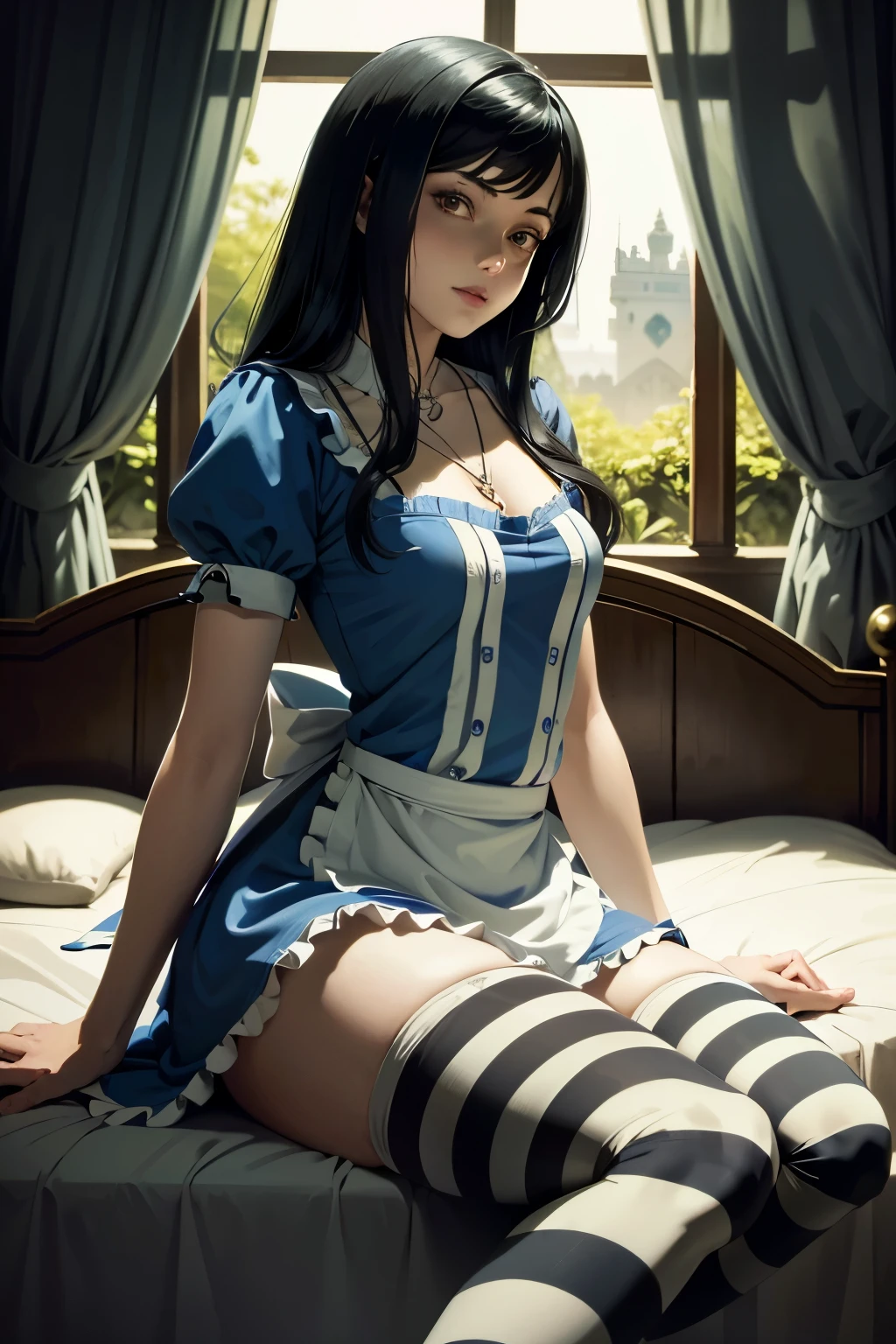 AliceHorror, 1girl, solo, striped, thighhighs, cosplay, striped thighhighs, black hair, alice (alice in wonderland), NSFW, tree, long hair, apron, alice (alice in wonderland) (cosplay), jewelry, necklace
,masterpiece, best quality, cinematic lighting,Alice Liddell (Alice in Wonderland) , nacked, big boss, vagina, indoor, balcony, bed room, 
