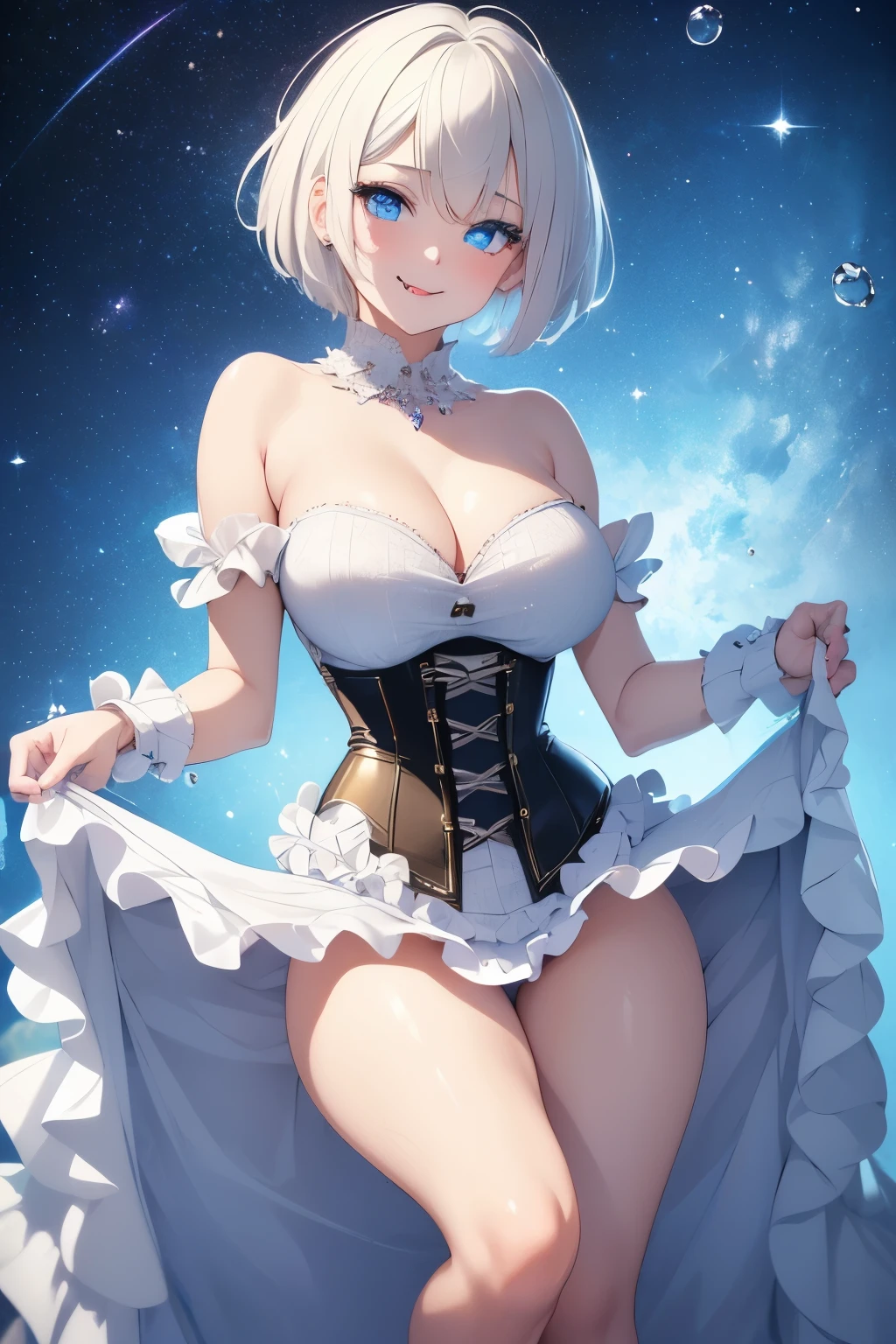 best quality, 32k, RAW photo, incredibly absurdres, extremely detailed, delicate texture, 18 years old cute girl, (close one eye:1.1), (out your tongue:1.3), happy, shy, smile, iridescent platinum-blonde messy pixie cut hair, wearing dress with corset and ruffled long skirt, superlative body proportion