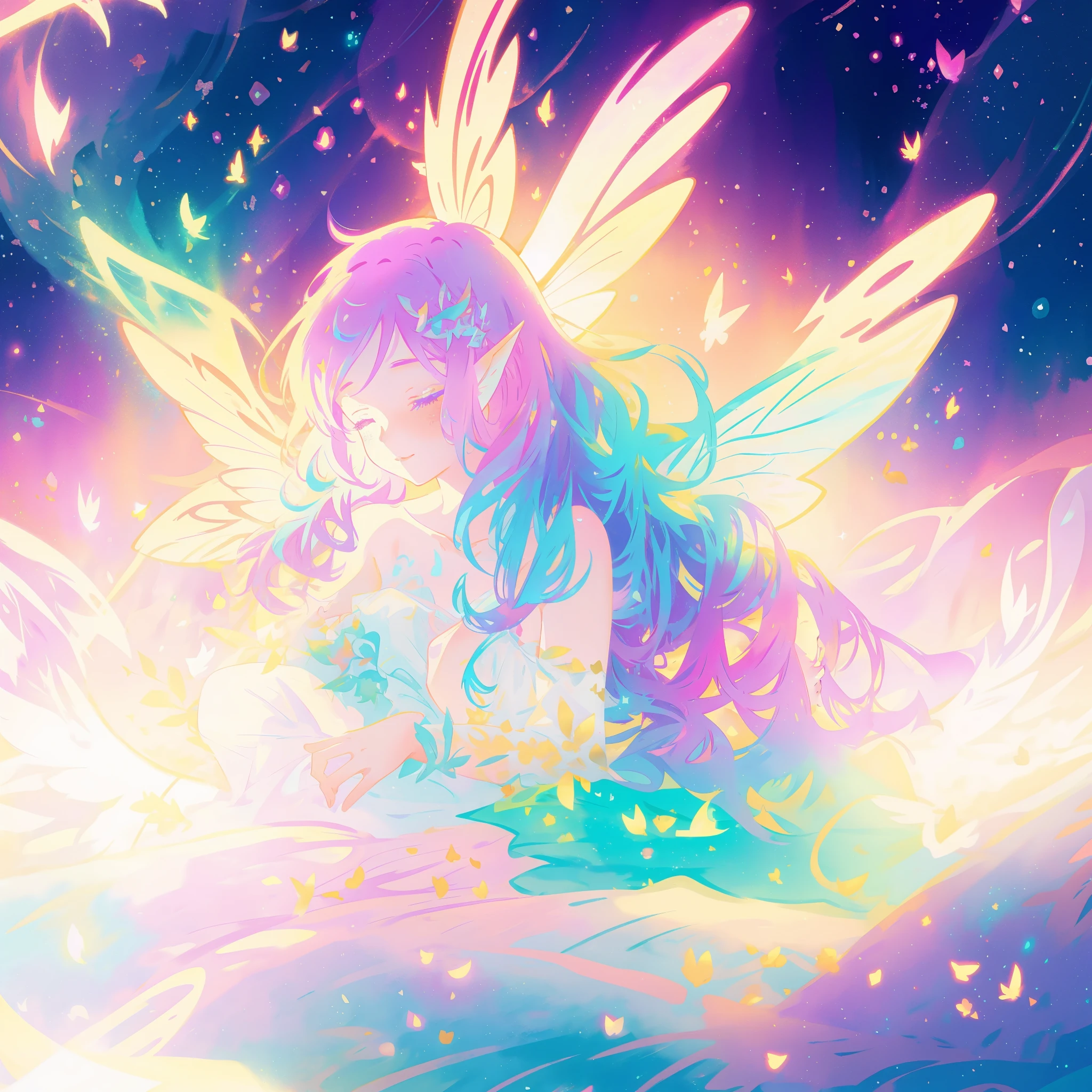 close up of a beautiful fairy girl, gradient colorful dress, fairy queen, magical fantasia background, (glowing fairy wings), long wavy hair, sparkling fairy wings, watercolor illustration, inspired by Glen Keane, inspired by Lois van Baarle, disney art style, jen bartel, beautiful digital illustration, beautiful, masterpiece, best quality, anime disney style