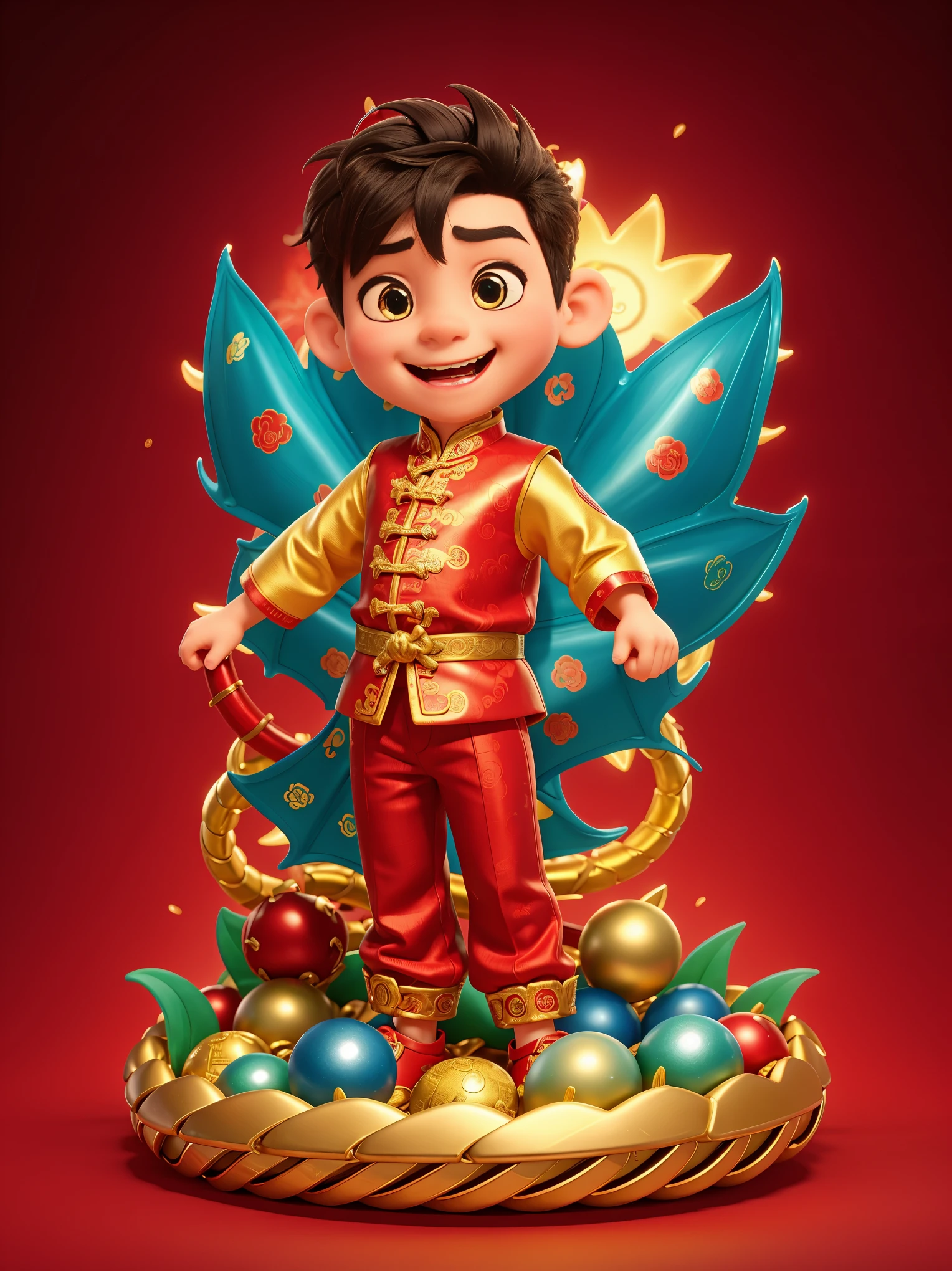 energetic and cute，1 boy，Standing in the middle of，Laugh，Wearing traditional Chinese clothing，(There is an Eastern dragon coiled behind it:1.2)，There are some gold coins on the ground，Blue and red clothes，((red festive background))，CNY，Intense lighting effects，Ultra-detailed