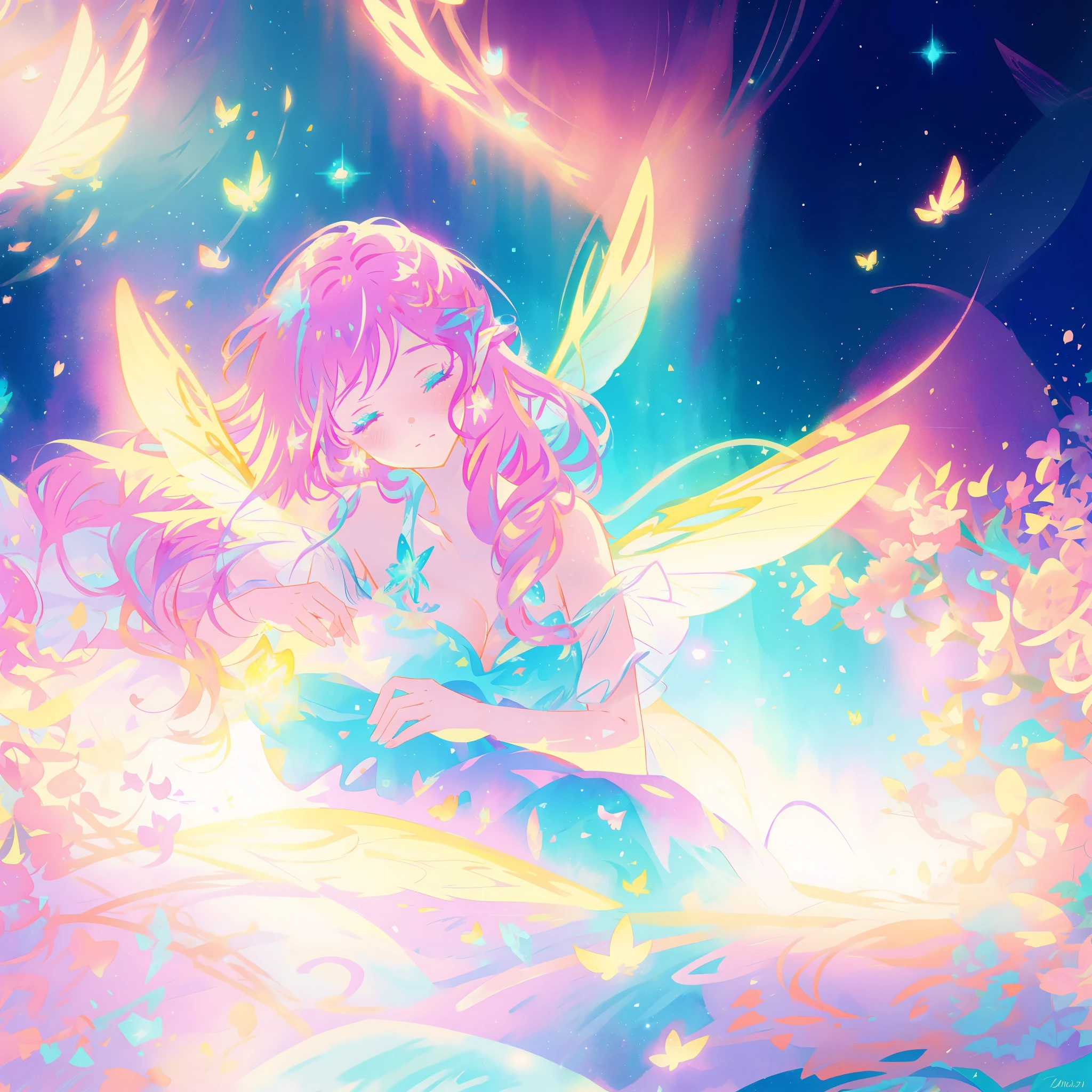 close up of a beautiful fairy girl, gradient colorful dress, fairy queen, magical fantasia background, (glowing fairy wings), long wavy hair, sparkling fairy wings, watercolor illustration, inspired by Glen Keane, inspired by Lois van Baarle, disney art style, jen bartel, beautiful digital illustration, beautiful, masterpiece, best quality, anime disney style