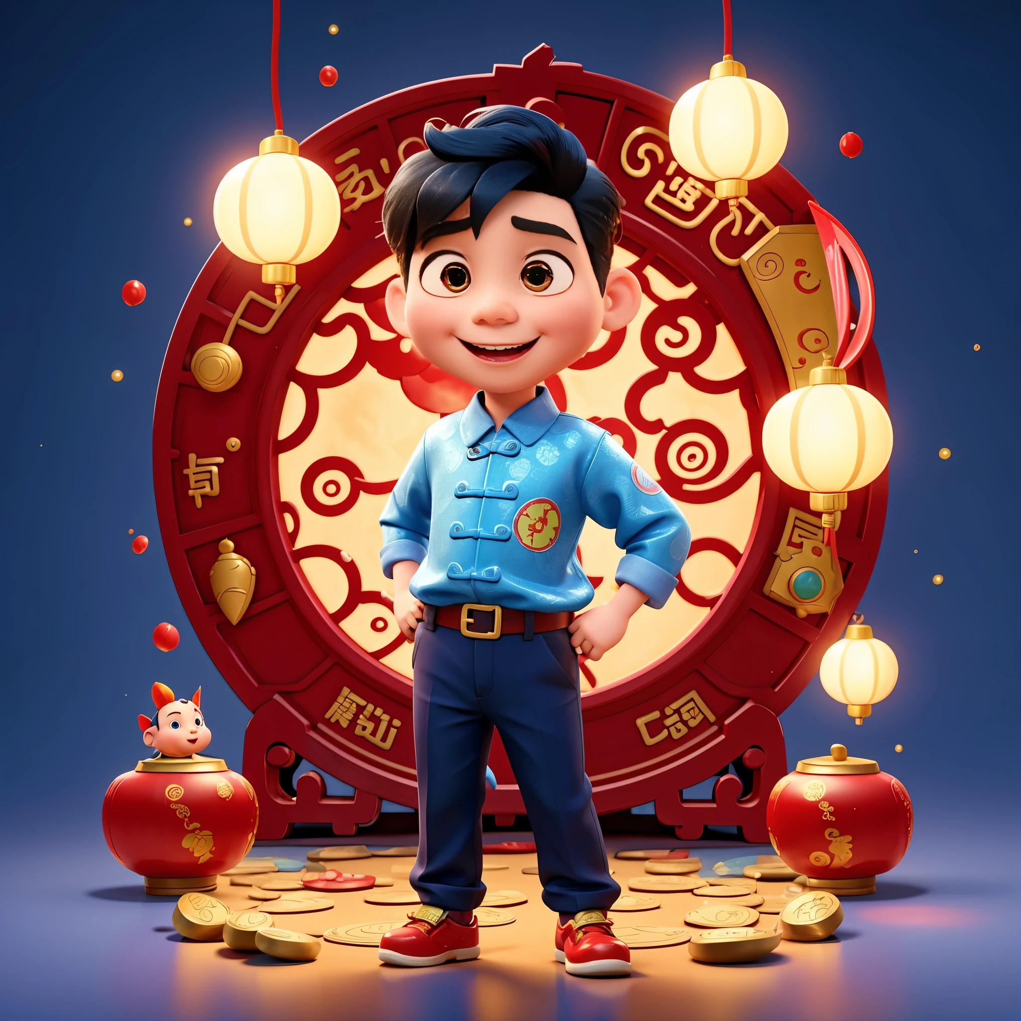 Pixar animation style illustrations，Lively and cute five-year-old Chinese boy standing in the middle, Dressed in traditional Chinese costumes, Embrace the Chinese Dragon. Gold coins scattered on the ground. Color scheme is blue and red, Set on red background, Symbolizes Chinese New Year. The scene is characterized by strong lighting effects, Super detailed, and presented in 3D. The theme is joy and celebration, Capturing the essence of Chinese culture and the Lunar New Year.