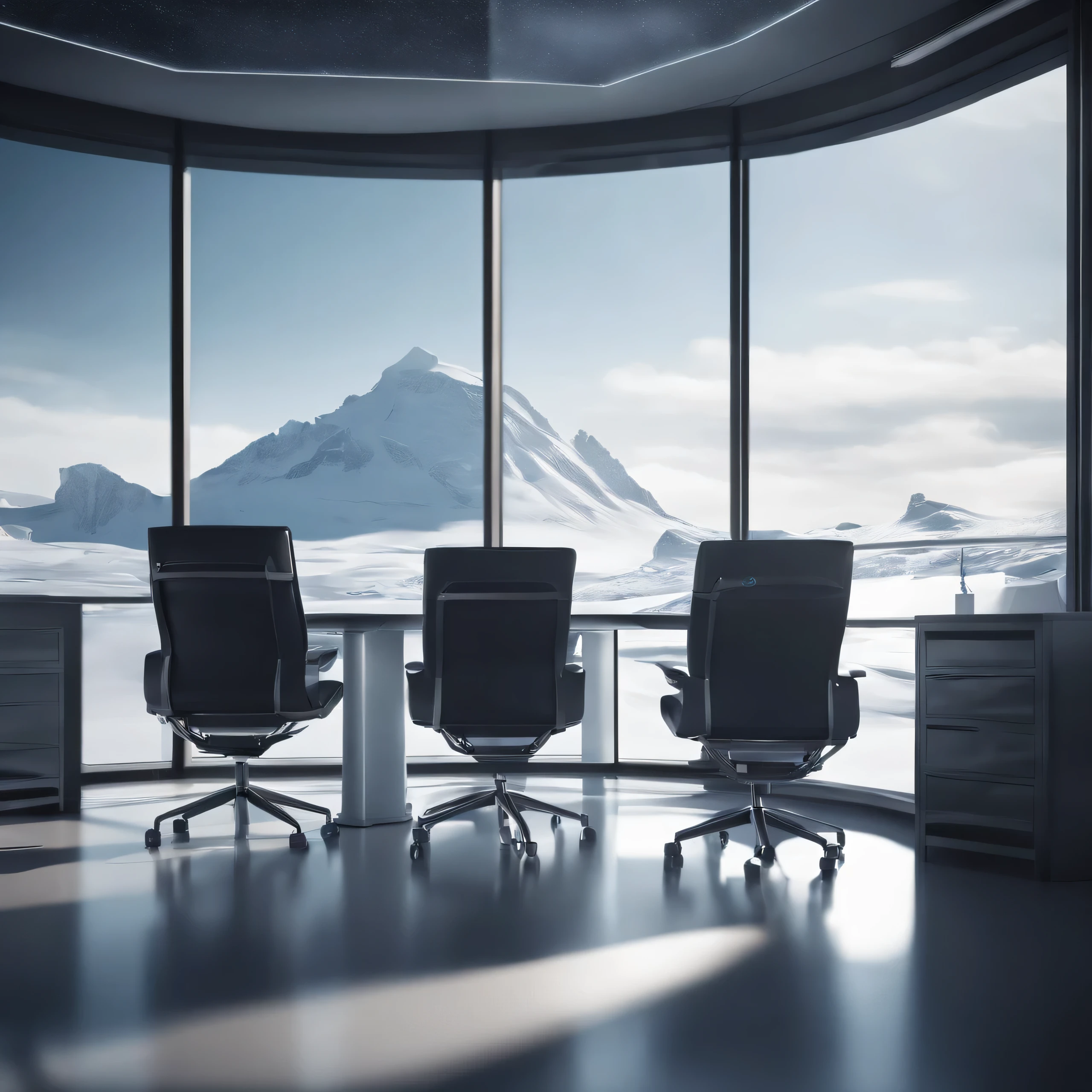 ((visual novel background)), futuristic office, white room, desk, chairs, laptop, antarctica outside window