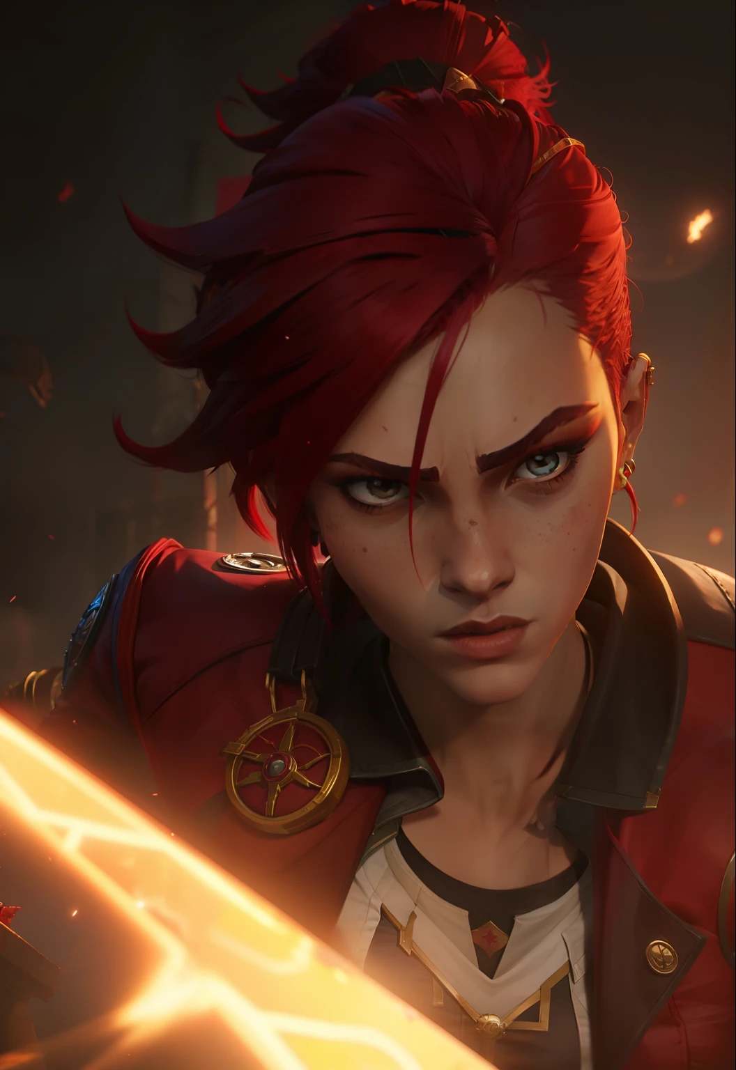 Garota de cabelo curto e vermelho. Vi de Arcane. She's in a red jacket, in fighting position, ao lado da Jinx. Vi e Jinx. Vi 6