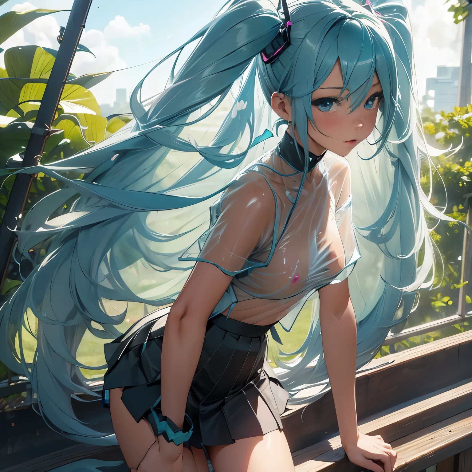 (quality)), ((masterpiece)), Recommended resultsluffly、(see through:1.5)、whole body 、Swollen nipples,straighten your back、huge bust、angle to floor:1.2、low camera angle、Hair loss on crotch、Whole body facing the camera,Hair can be seen on the crotch,Hatsune Miku,Butterfly skirt