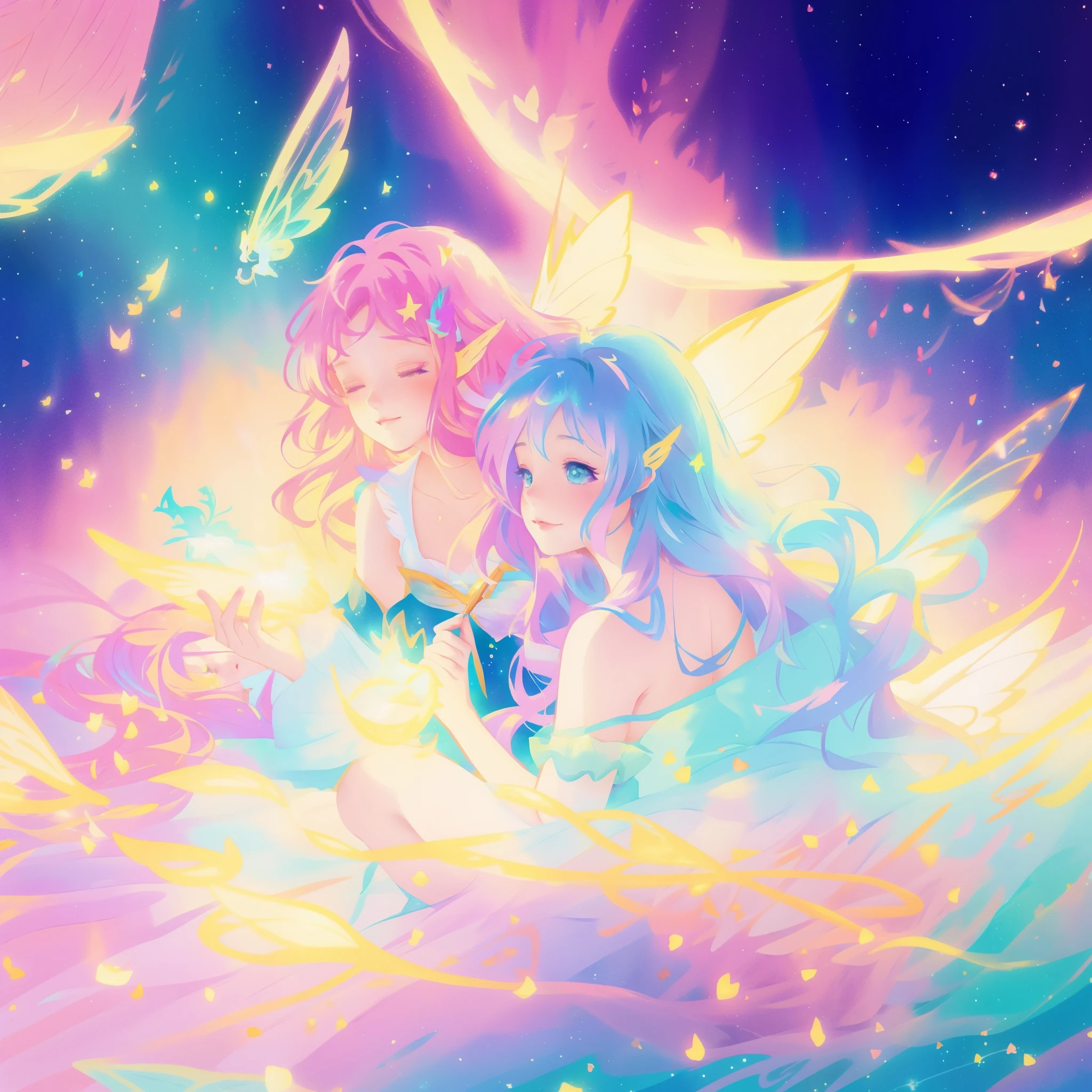 close up of a beautiful fairy girl, gradient colorful dress, fairy queen, magical fantasia background, (glowing fairy wings), long wavy hair, sparkling fairy wings, watercolor illustration, inspired by Glen Keane, inspired by Lois van Baarle, disney art style, jen bartel, beautiful digital illustration, beautiful, masterpiece, best quality, anime disney style