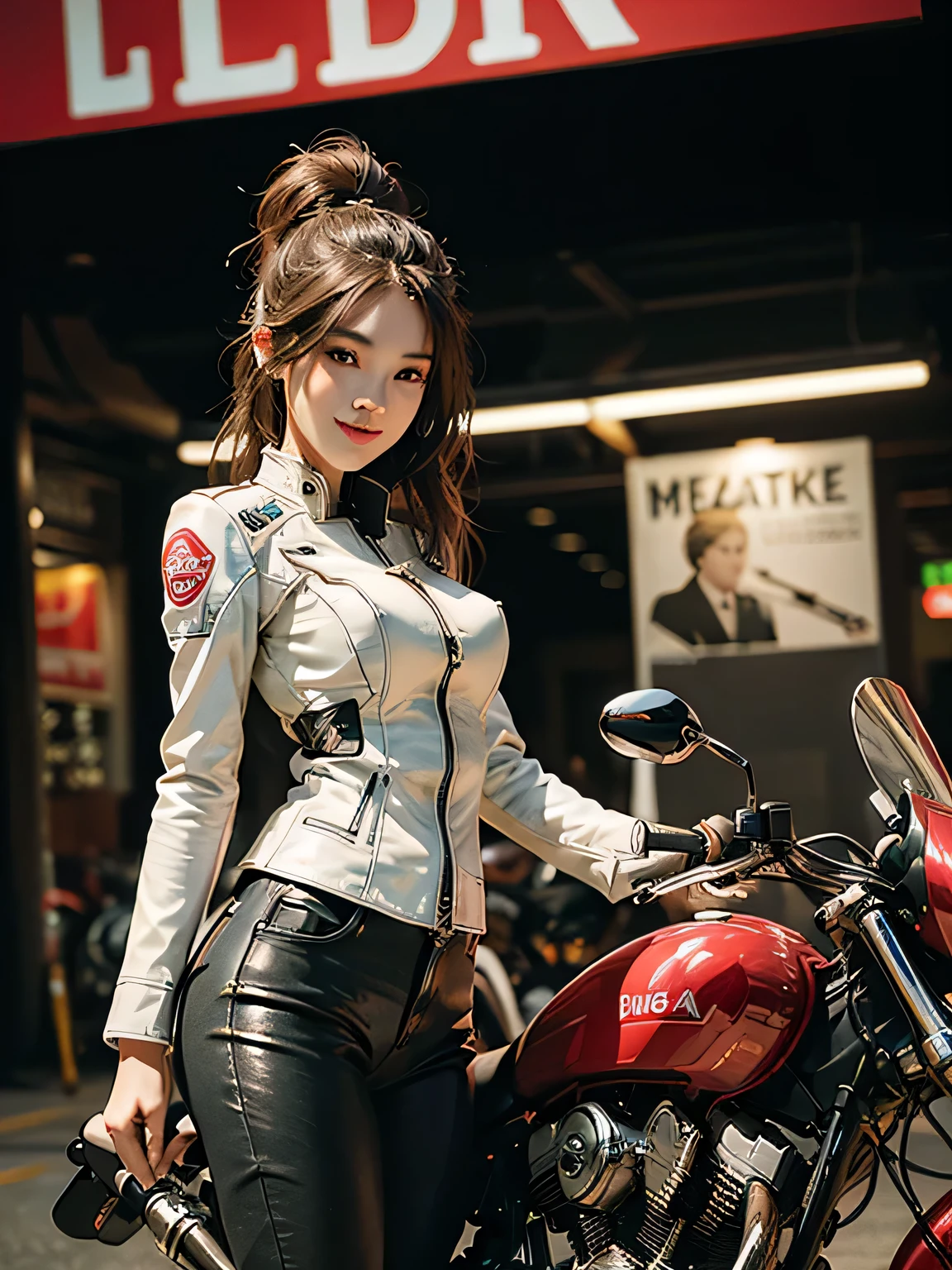 ((highest quality)), ((masterpiece)), ((perfect face))、(Detailed Motorcycle)、Detailed and clear photos、((Motorcycle Woman))、slender body、riding jacket and leather pants、smile、pose next to a bike、short hair