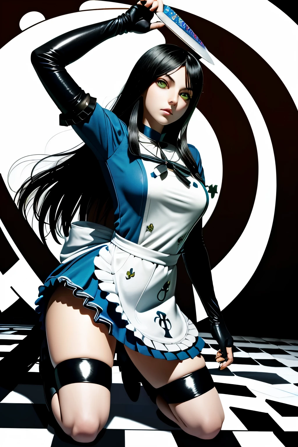 (masterpiece, best quality)
AliceHorror, 1girl, solo, green eyes, knife,  black hair, long hair, gloves, weapon, Alice Liddell (Alice in Wonderland), adult, nacked, big , vegina,  kneeling 
