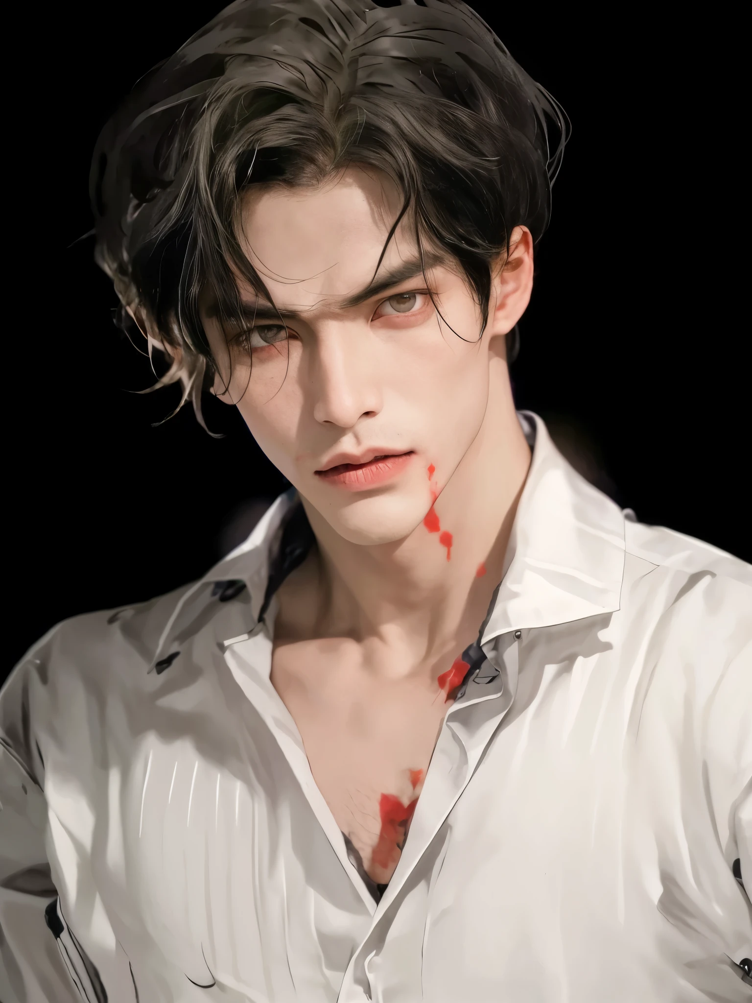 hay un hombre con la cara ensangrentada y una camisa blanca, chico guapo en el arte de Demon Slayer, inspirado en Yanjun Cheng, vampiro masculino guapo, obra de arte al estilo de guweiz, por Yang J., sakimichan frank franzzeta, [ arte digital 4k ]!!, hombre guapo animado, Sus ojos sangran intensamente