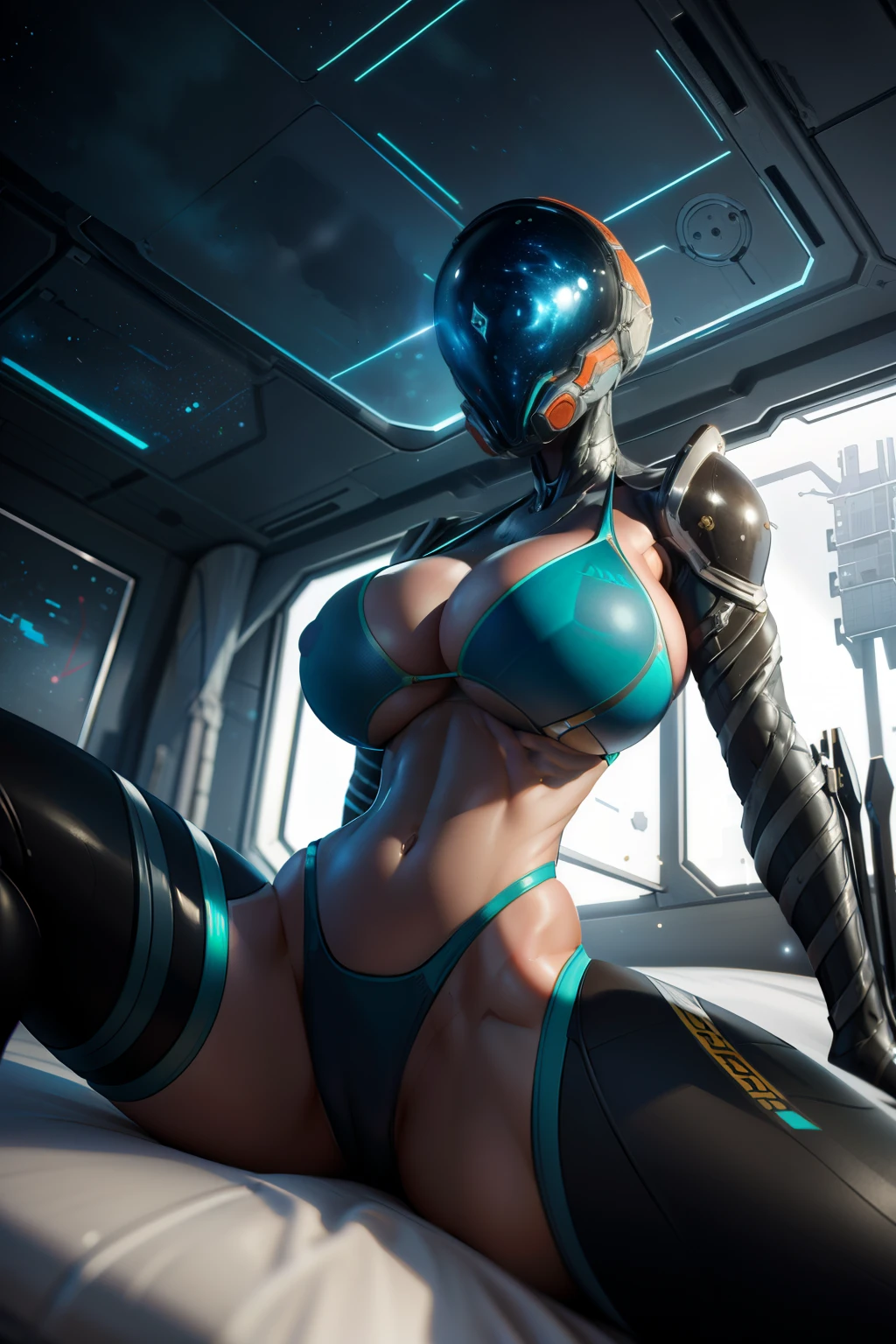 ((masterpiece)),best quality,1girl,mag,warframe,helmet,(gigantic breasts),wide hips,thick thighs,light particles,sitting,spread legs,arms behind back,spacecraft interior,bedroom,(science fiction),from below,((bikini armor))