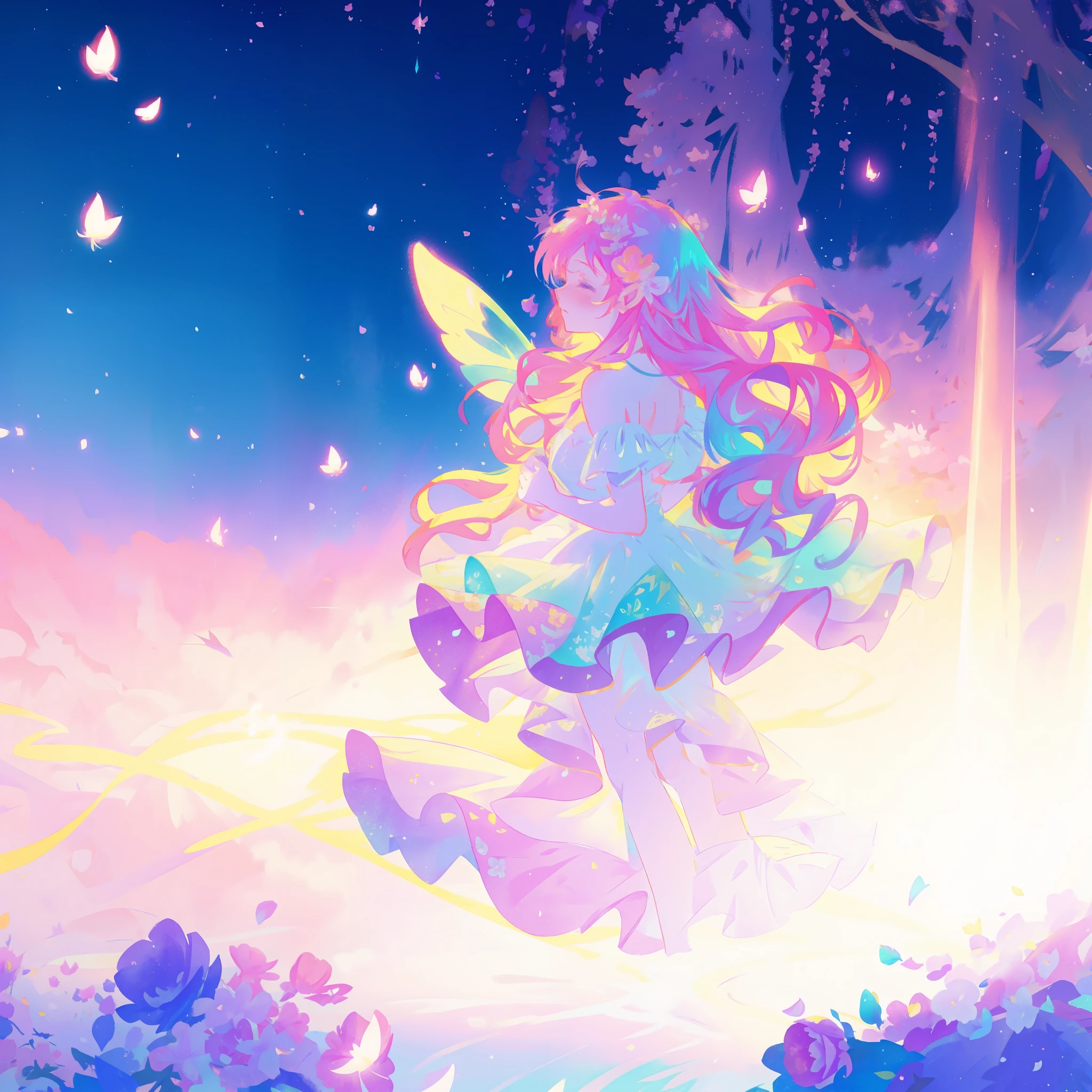 close up of a beautiful fairy girl in tiered gradient ballgown dress, gradient colorful dress, ((layered flower petal skirt)), fairy dress, fairy queen, magical fantasia background, (glowing fairy wings), glowing flowing ballgown, long wavy hair, sparkling fairy wings, watercolor illustration, inspired by Glen Keane, inspired by Lois van Baarle, disney art style, jen bartel, beautiful digital illustration, beautiful, masterpiece, best quality, anime disney style