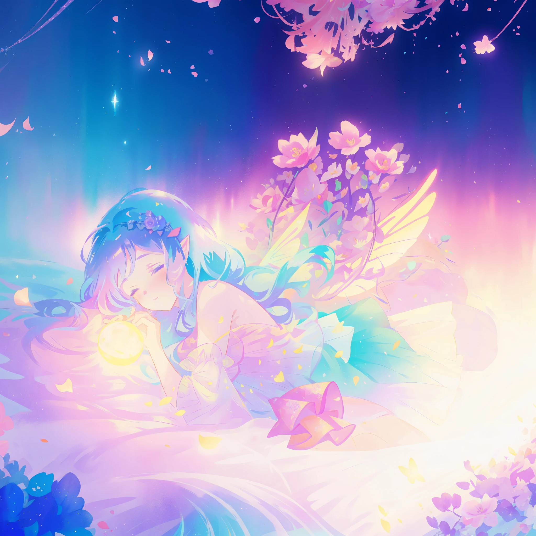 close up of a beautiful fairy girl in tiered gradient ballgown dress, gradient colorful dress, ((layered flower petal skirt)), fairy dress, fairy queen, magical fantasia background, (glowing fairy wings), glowing flowing ballgown, long wavy hair, sparkling fairy wings, watercolor illustration, inspired by Glen Keane, inspired by Lois van Baarle, disney art style, jen bartel, beautiful digital illustration, beautiful, masterpiece, best quality, anime disney style