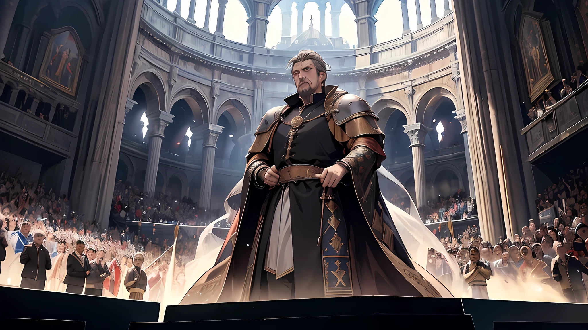 colloseum filled with spectators, medieval times, in a center arena there is a man as an master ceremony, talking, detailed face, detailed eyes, detailed nose, Suddenly an orator standing on an elevation began to speak over a loudspeaker, eager to finish his speech before the beast broke out.