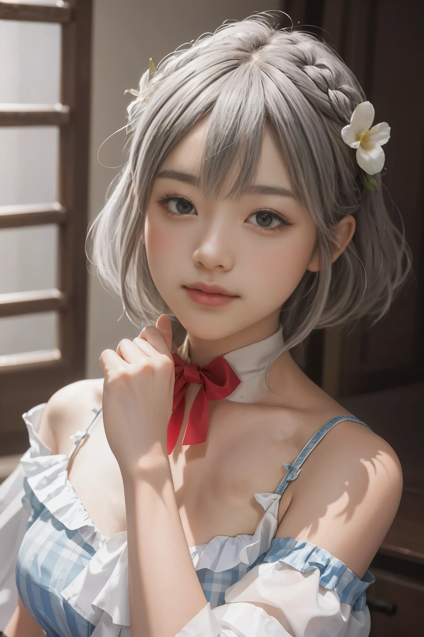 (photorealistic:1.4), (masterpiece, sidelighting, finely detailed beautiful eyes: 1.2), masterpiece*portrait, realistic, 3d face, noelle \(genshin impact\), 1girl, ahoge, architecture, By bangs，Bare shoulders，Bell，black glove，（Black tights，black brown hair, small shield hairpin），Blushlush，Beautiful breasts，Chinese knot，the sleeve，flower knot, light silver hair，Look at the audience，middlebreast，Neckbells