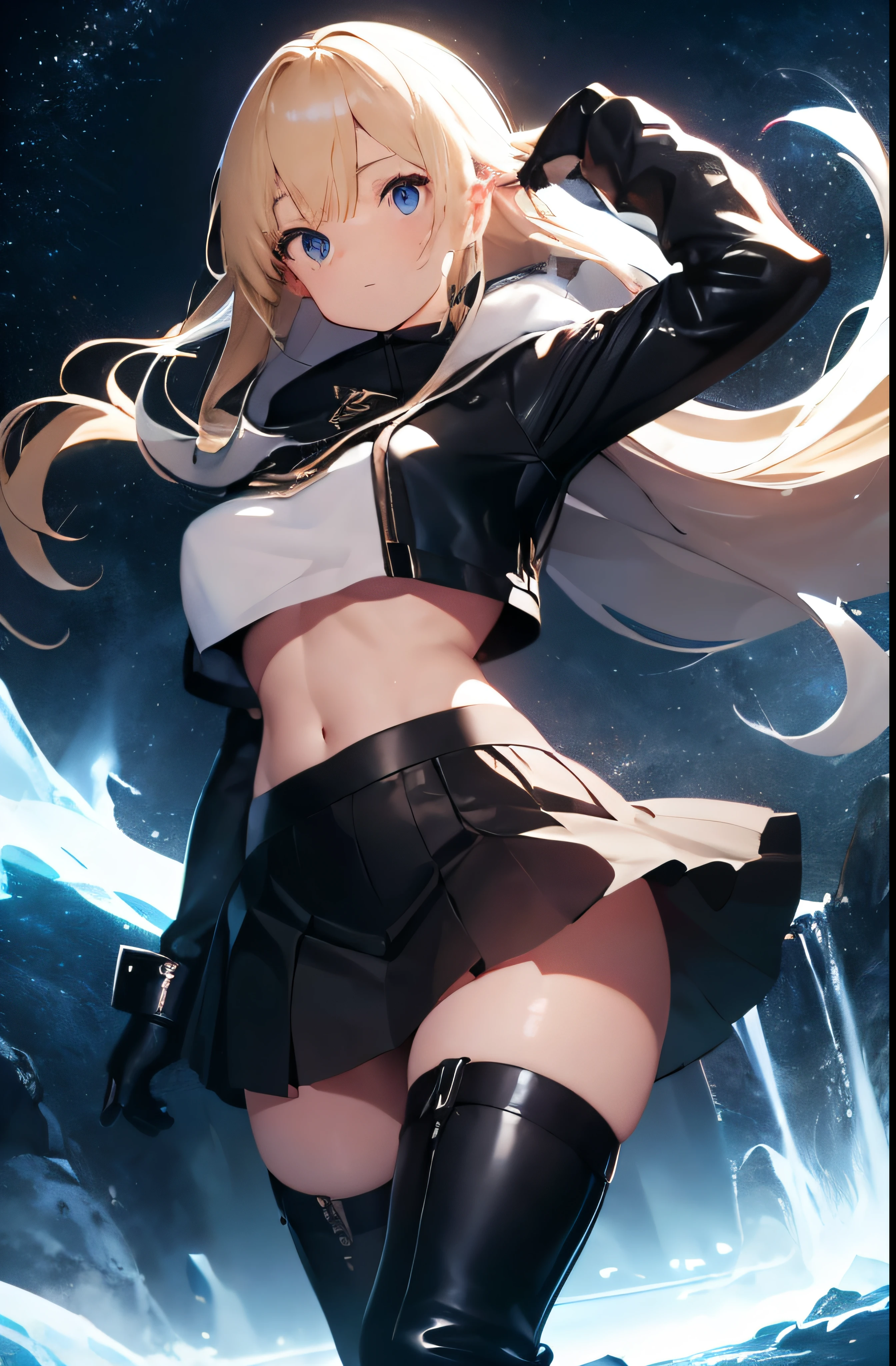 whole body Expressionless blonde Fair skin beautiful feet long hair 168cm black skirt black leather boots white t-shirt canton hooded leather jumper another world midnight Blizzard Navel exposure Ice magic Super long black gloves cloudy sky big breasts magic circle rigor long term beautiful butt beautiful girl mature