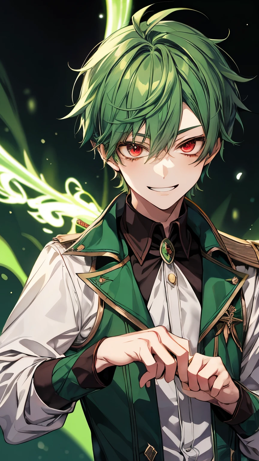 Green hair and eyes, boy, ager, red eyes, deceiving smile, mysterious, fantasy, magic academy