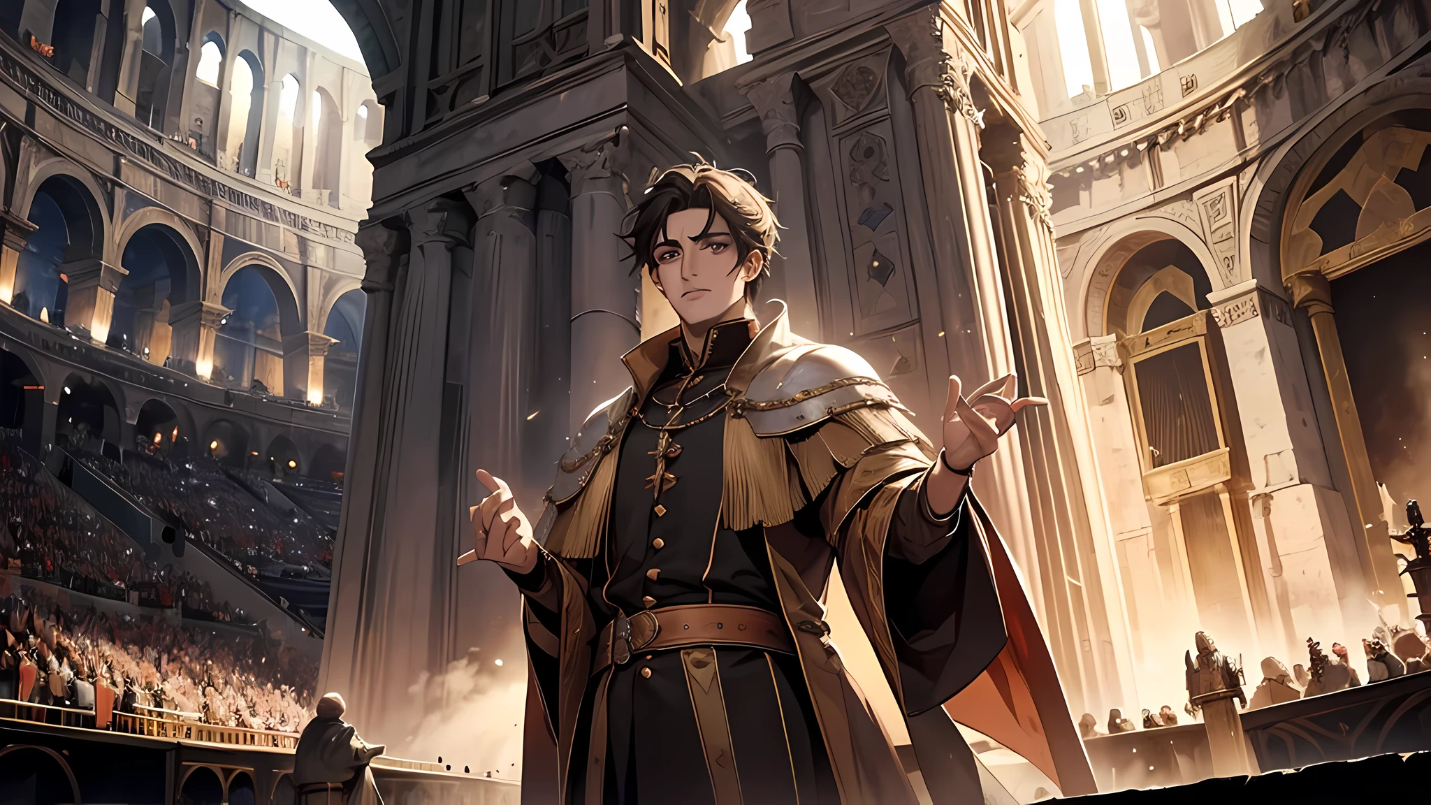 colloseum filled with spectators, medieval times, in a center arena there is a man as an master ceremony, talking, detailed face, detailed eyes, detailed nose, Suddenly an orator standing on an elevation began to speak over a loudspeaker