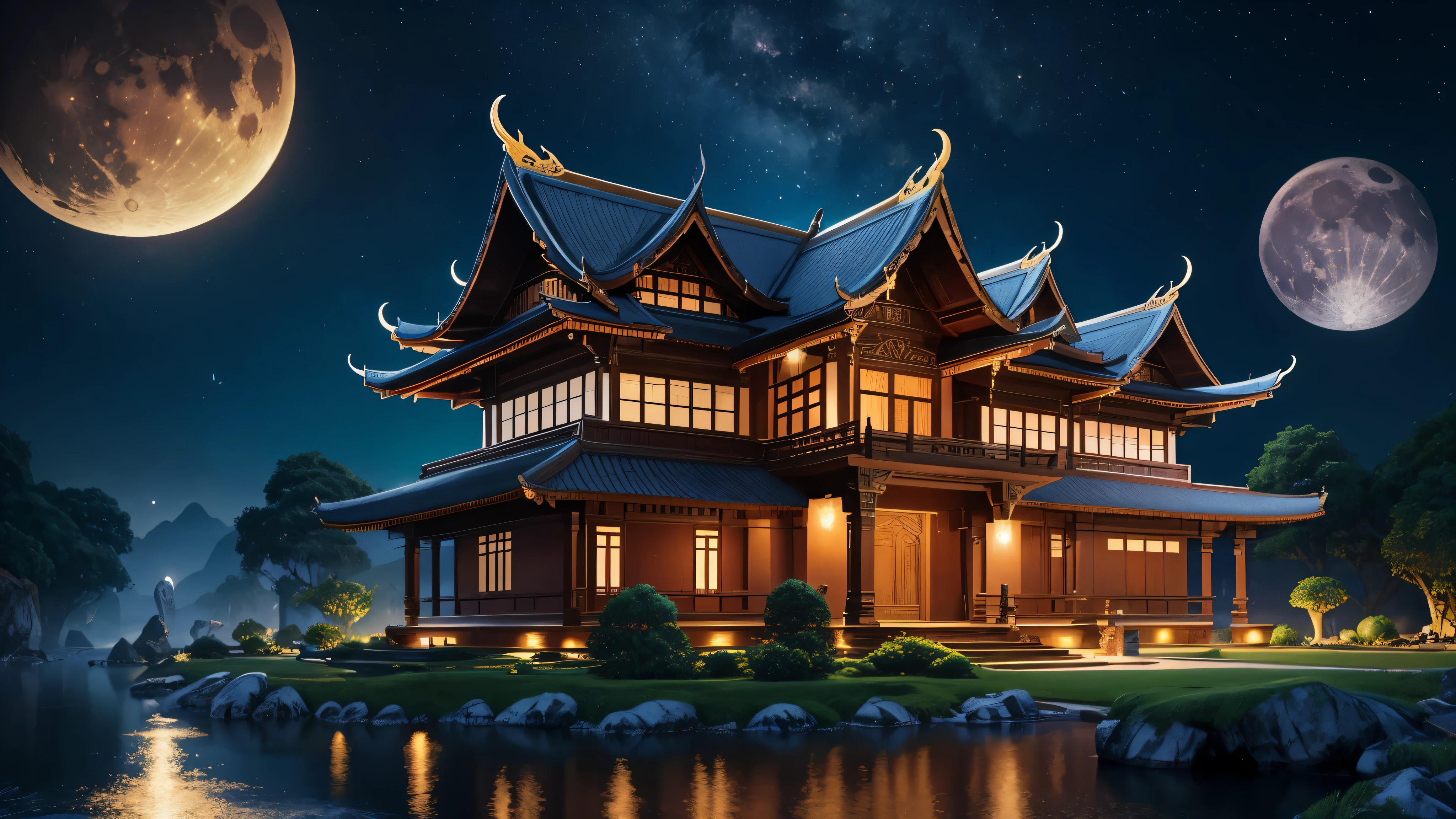 A captivating illustration of an Ancient Thai-style house nestled amidst the serene Asia universe, Under the quiet crescent moon. house, It is decorated with intricate carvings and bright colors., It radiates a mysterious aura with its elegant roof and asymmetrical design.. moon, millionaire, soft crescent, cast gently, สีเงินเรืองรองมาที่house, Revealing its exquisite details. The scene unfolds against the backdrop of a starry night sky., Add a charming atmosphere. Hyperrealistic, 8ก, digital art, vector art, concept art, illustration, realistic, on