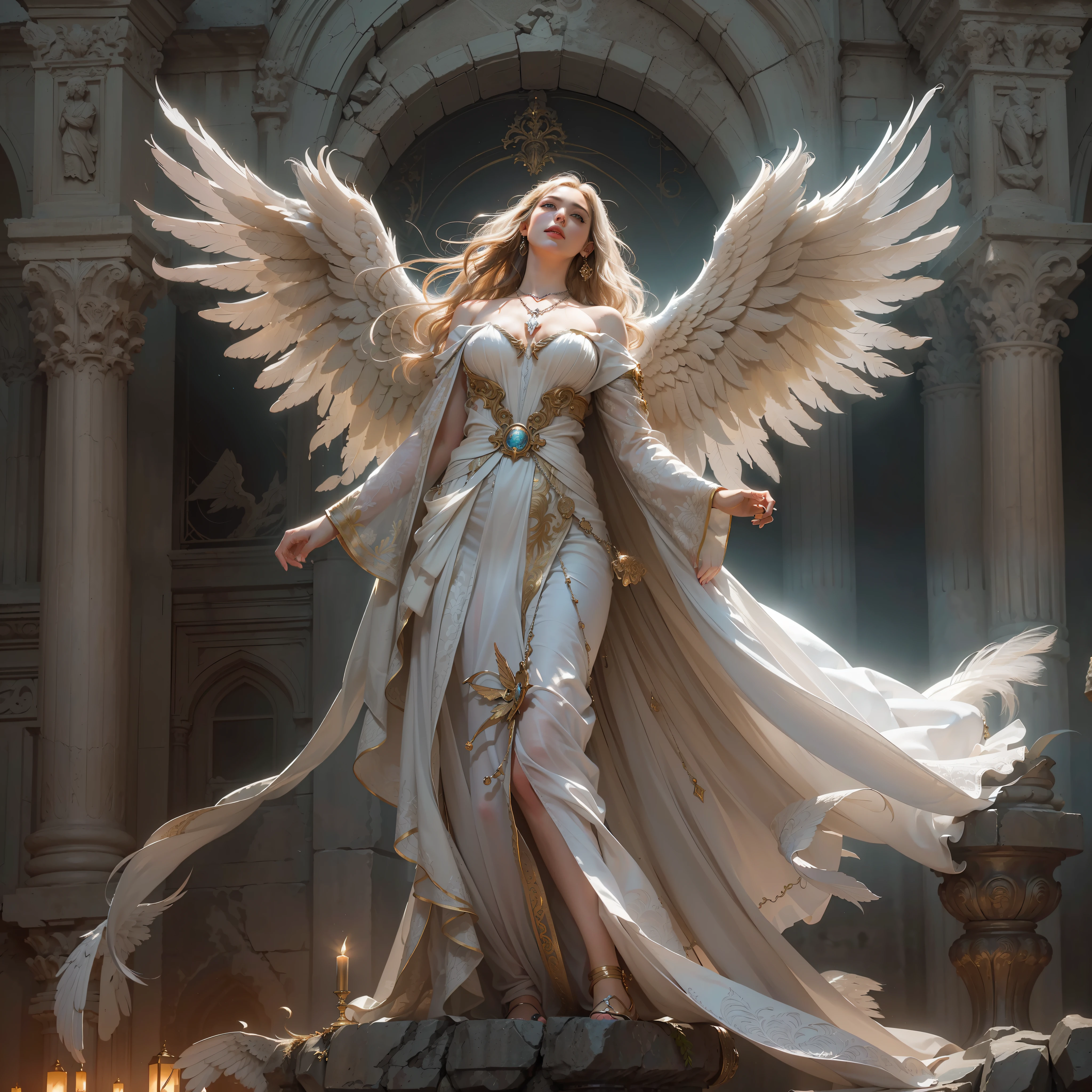 (Numerous award-winning masterpieces, with incredible detail, textures and maximum detail), (hyper realistic:1.4), (realistic:1.3), (best quality real texture skin), (finely detailed true circle Symmetrical eyes), finely detailed face, ((medieval world)), ((((black angel of the Lord, white angel of the Lord)))), (Beautiful kind eyes), (She has a mischievous smile on her face), (Beautifully colored eyes filled with compassion), (Angels dancing in the background), (Dramatic Light), (A majestic sight), (Her expression is serene full of tenderness and very beautiful), ((Large wings with pure white feathers behind the shoulders)), (((Folded wings))), Glass earrings on the ears, (((dramatic photo))), (twilight), (sunset), (dusk), (Sacred Pose), ((dramatic pose)), (flamboyant photo), (golden hair), (silver hair), (chestnut hair), Short cut hair, ((Full-length portrait)), ((looks up)), ((looking down)), ((full-body standing image)), ((gives full-body standing image)), (Around her neck is a simple necklace of exquisite workmanship), Old ruins infested with plants, great temple, great cathedral, temple ruins, detached temple, Luminous magic circle, Ruins of an ancient castle, Deserted ruins, crumbling ruins, Ancient ruins with clear water, wavelets, running water, Shining majestic cloud masses and sky, halo optical phenomenon, Sacred Light, epic realistic, ((neutral colors)), (hdr:1.5), (muted colors:1.2), hyper detailed, cinematic, warm lights, dramatic light, (intricate details:1.1), complex background,