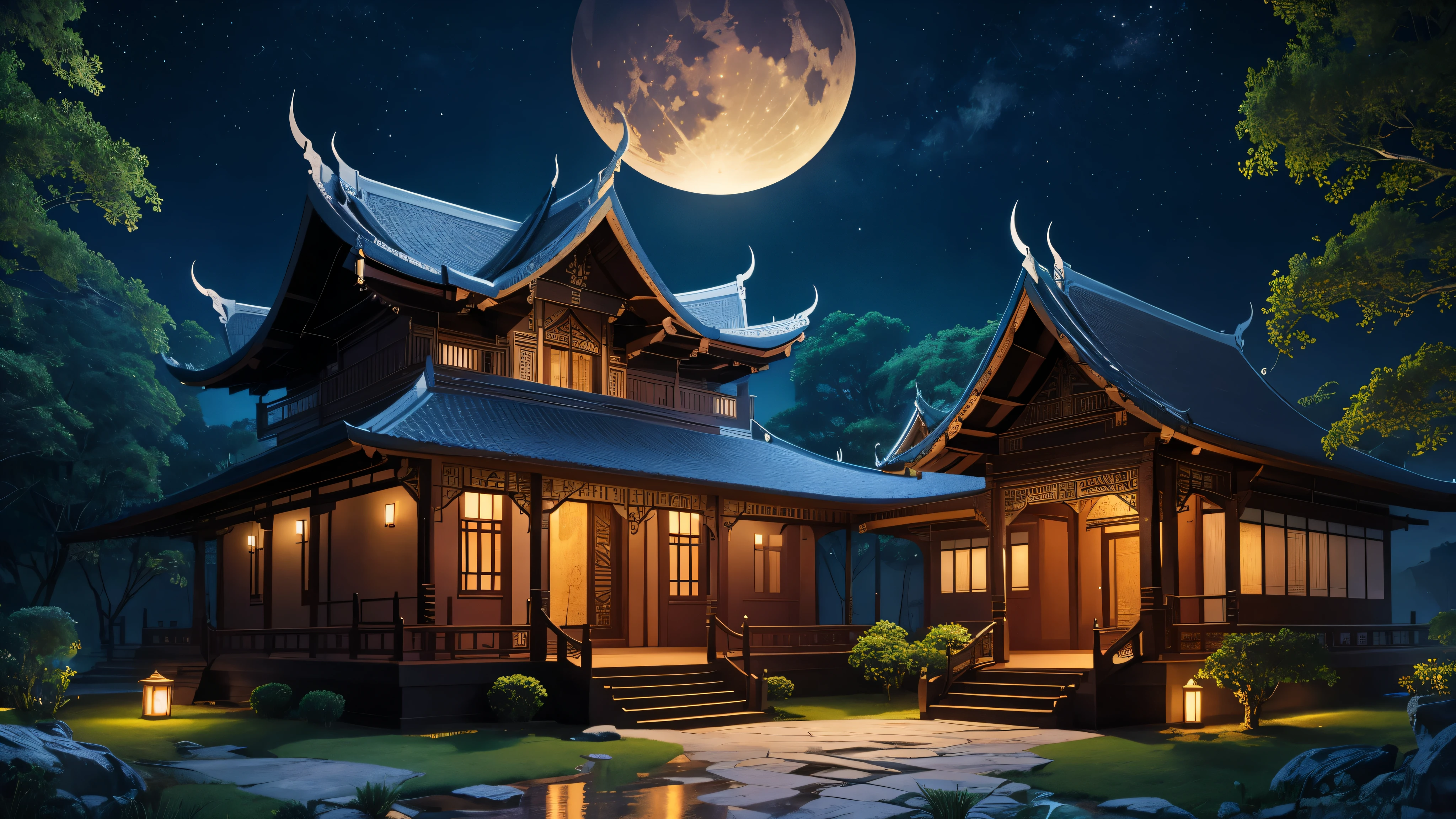 A captivating illustration of an Ancient Thai-style house nestled amidst the serene Asia universe, Under the quiet crescent moon. house, It is decorated with intricate carvings and bright colors., It radiates a mysterious aura with its elegant roof and asymmetrical design.. moon, millionaire, soft crescent, cast gently, สีเงินเรืองรองมาที่house, Revealing its exquisite details. The scene unfolds against the backdrop of a starry night sky., Add a charming atmosphere. Hyperrealistic, 8ก, digital art, vector art, concept art, illustration, realistic, on