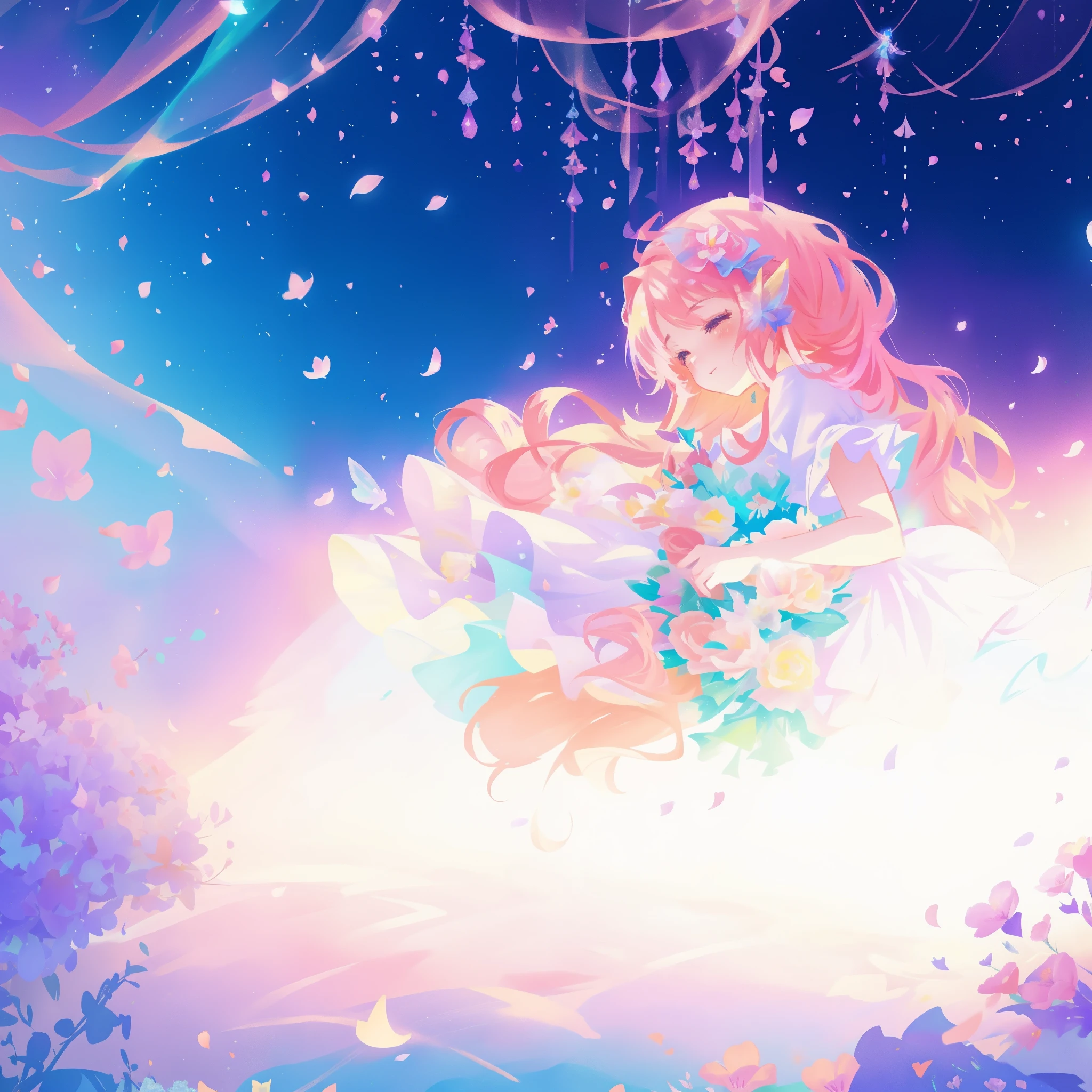 close up of a beautiful fairy girl in tiered gradient ballgown dress, gradient colorful dress, ((layered flower petal skirt)), fairy dress, fairy queen, magical fantasia background, (glowing fairy wings), glowing flowing ballgown, long wavy hair, sparkling fairy wings, watercolor illustration, inspired by Glen Keane, inspired by Lois van Baarle, disney art style, jen bartel, beautiful digital illustration, beautiful, masterpiece, best quality, anime disney style