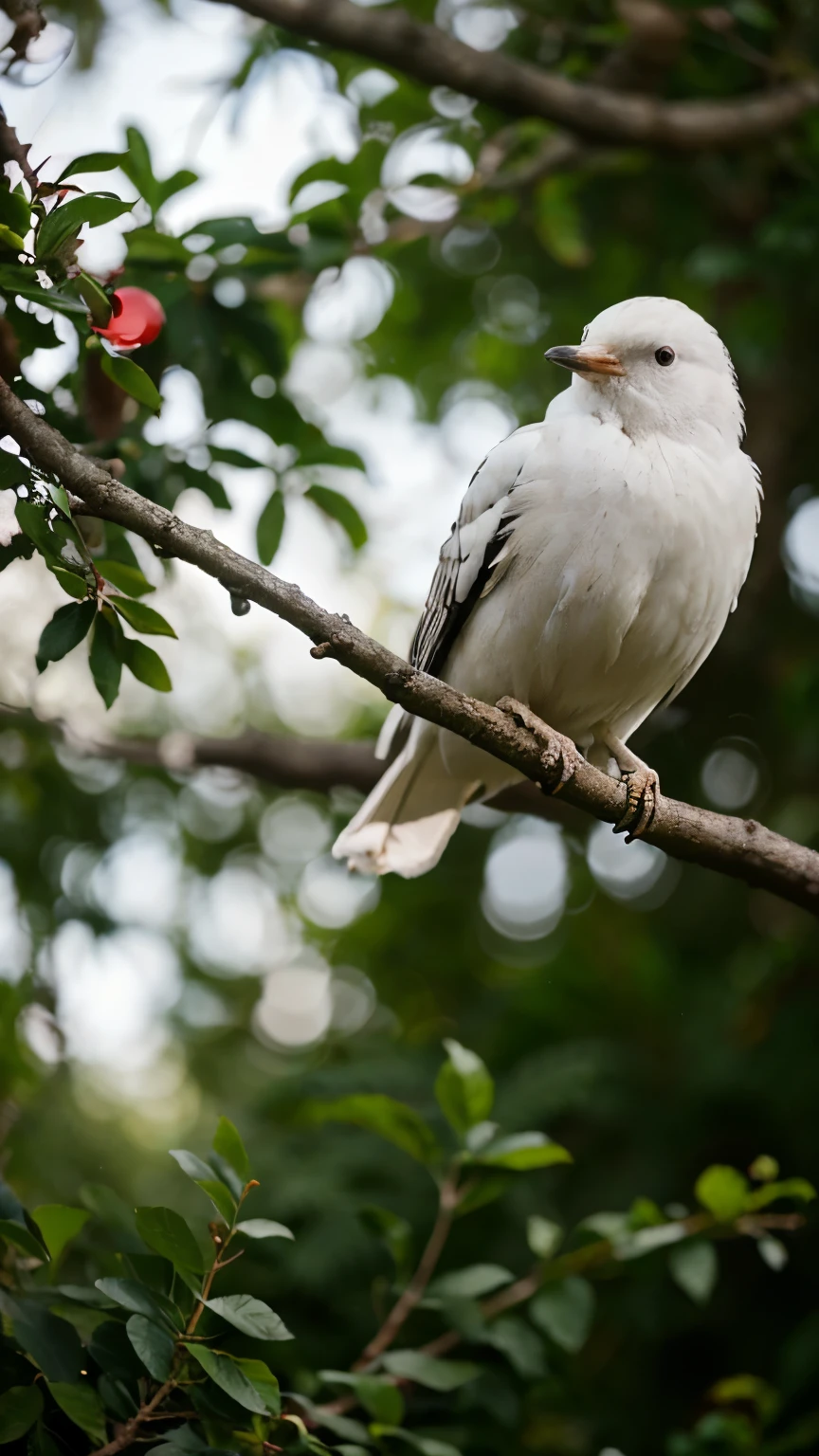 a white bird on the tress, uhd, 4k, bokeh effect, taken by sony a7