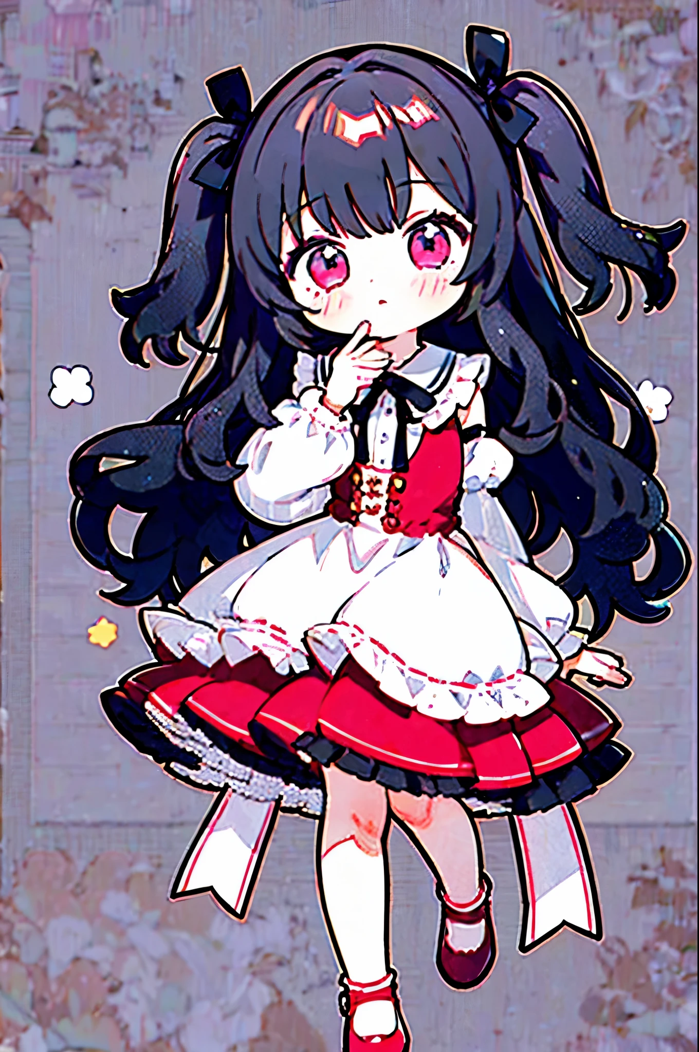 Standing Picture、full bodyesbian、masterpiece、top-quality、Top image quality、cute little、One Girl、Illustration, girly style,1girl, (two side up:1.2), black hair, (wavy hair, curly hair:1.2), (hair ribbon), adorable, pink eyes, beautiful eyes, adorable, gothic dress, frilled collar, frilled sleeves, frilled skirt, lace, hand on cheek, castle room, fantasy