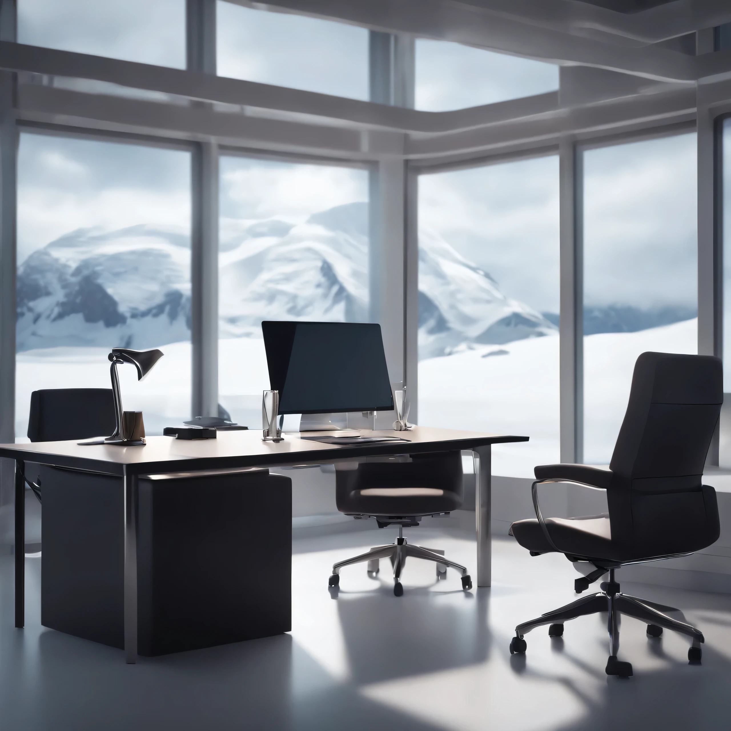 ((visual novel background)), futuristic office, white room, desk, chairs, laptop, antarctica outside window