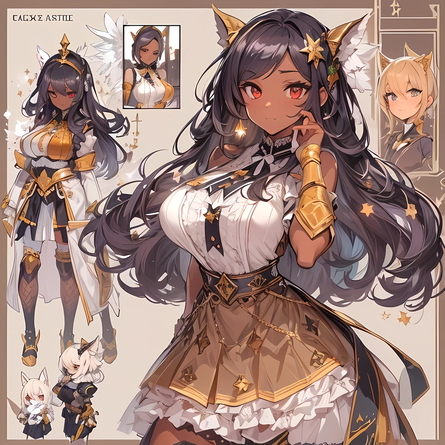 ((Masterpiece, Highest quality)), Detailed face, CharacterDesignSheet, full bodyesbian, Full of details, Multiple poses and expressions, Highly detailed, Depth, Many parts,Beautiful Maid,dark brown skin, Holding a shield,long black hair,red eyes, estilo fantasia,Orange caramel,Extremely beautiful,High Balance, Natural light, Lace,lacepantyhose,Galaxy décor,Star decoration