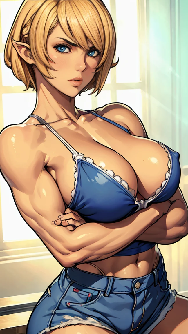 masterpiece, 8k, perfect art, (1girl:1.1), tall woman ,solo, ((perfect female figure)), (nsfw), front for viewer, mature woman, bimbo, (teasing), best quality: 1.1, seductive posture, sexy sitting pose, attractive, sitting like queen , body showing and shoulders, (hair tomboy pixie bob blondie hair: 1.5), (abs muscle ripped :1.2) ,(big arms :1.2) (green eyes: 1.2), ,(big breasts: 1.2), (big biceps: 1.2), (bodybuilder:1.2), ( big over blue jacket rock and t shirt white top and shorts jeans), fit, (abs:1.1), (athletic body:1.2),(large breasts: : 1.1), sitting in coffee shop .