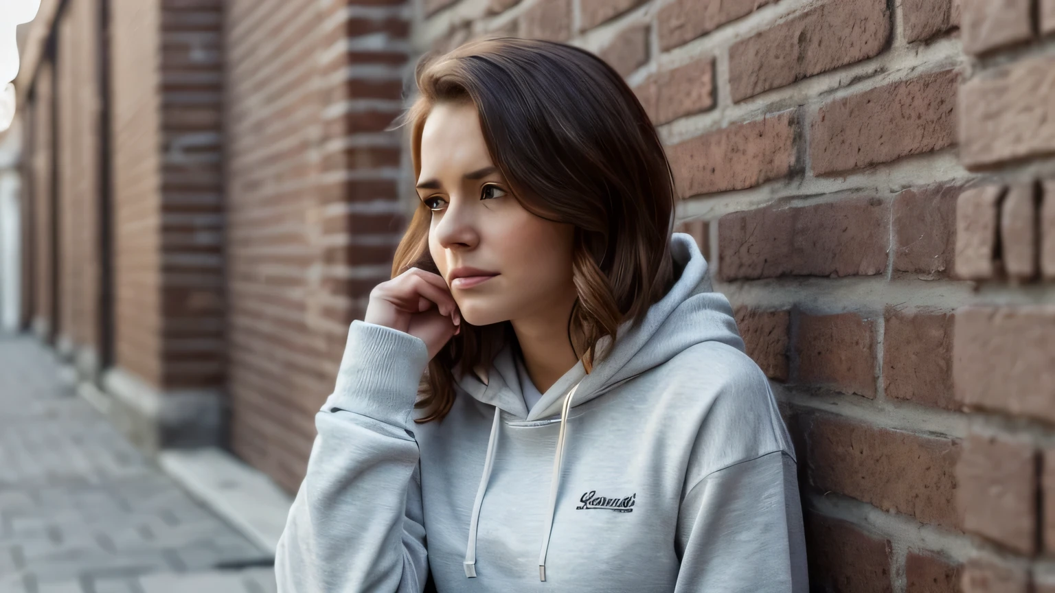 [ultra-realistic, DSLR, 8k, high resolution, high quality, portrait, high angle shot], a woman side leaning against a brick wall looking down in her luxury room, fine art, thoughtful expression, in a black hoodie, girl wearing hoodie, wearing a black hoodie, pensive and hopeful expression, young woman, looks sad and solemn, wearing jeans and a black hoodie, blank expression on her face, deep in thought, ((oval perfect shape, asymmetrical face structure, perfect proportion, brown hair color, 32 inch breasts, hourglass figure, slim body, pale white skin tone ,sexy girl, 21 years old, soft wavy hair, volumious marilyn cut, looking away, pale skin, really sad look, face foces, detailed expressions))