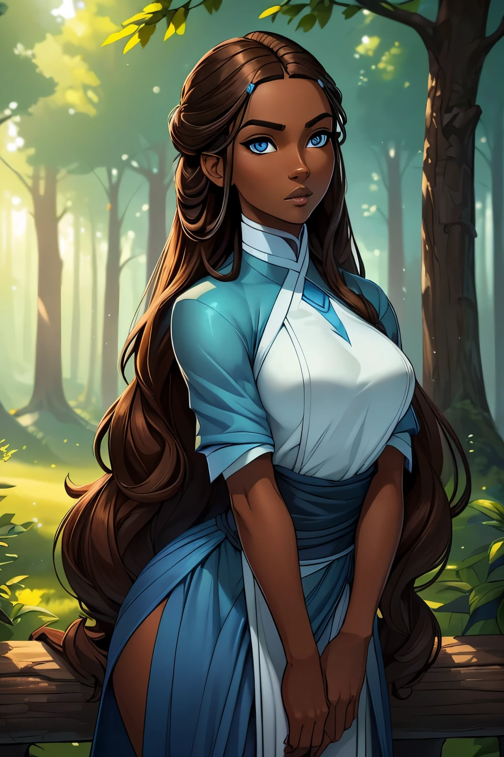 ((ultra quality)), ((masterpiece)), Katara, ((brown-haired long hair)), (Beautiful face), (beautiful female lips), (), charming, ((sexy facial expression)), looks at the camera, (dark skin color), (dark skin), glare on the body, ((Detailed eyes)), ((Dark blue eyes)), (juicy female lips), (brown lips), (dark eyeliner), (beautiful female hands), ((ideal female figure)), ideal female body, beautiful waist, beautiful hips, medium breasts, ((subtle and beautiful)), A seductive stance (close up of face), (dressed in Katara&#39;s clothes) background: beautiful forest near the river, ((depth of field)), ((high quality clear image)), (clear details), ((high detail)), realistically, professional photo session, ((Clear Focus))