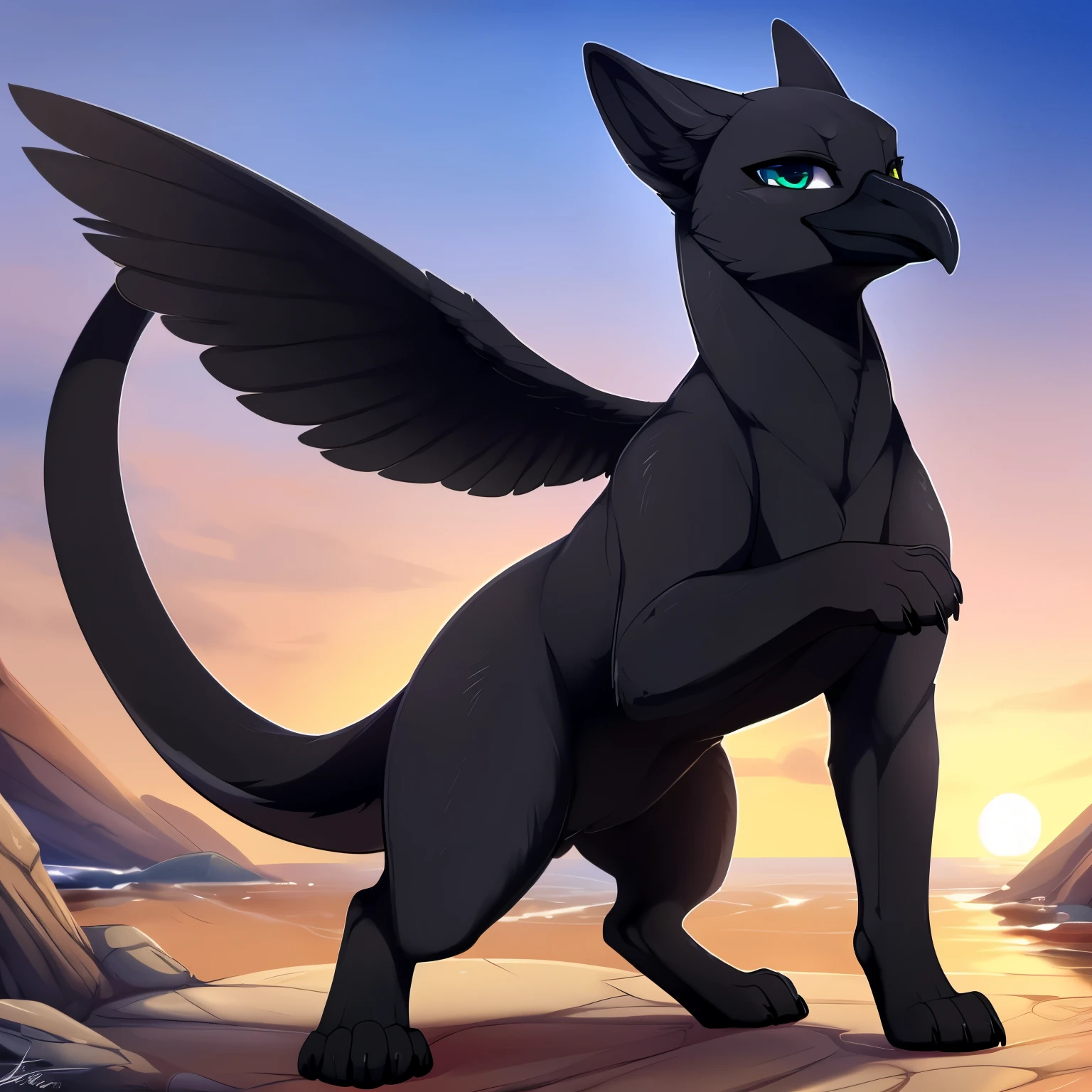 ((black_gryphon)), (all_black_panther_body), otter, (feral_quadruped), (by shikaro), (by Inno-Sjoa), (by asaneman), (by DAGASI), female, big_butt, ((excessively_wide_hyper_hips)), normal_tail, (massive_hyper_labia), long_ears, very_tiny_(digitigrade_paws), (long_(black_crow_beak)), (Perfect_eyes), sexy, seductive, 1080p, (best quality), (masterpiece),