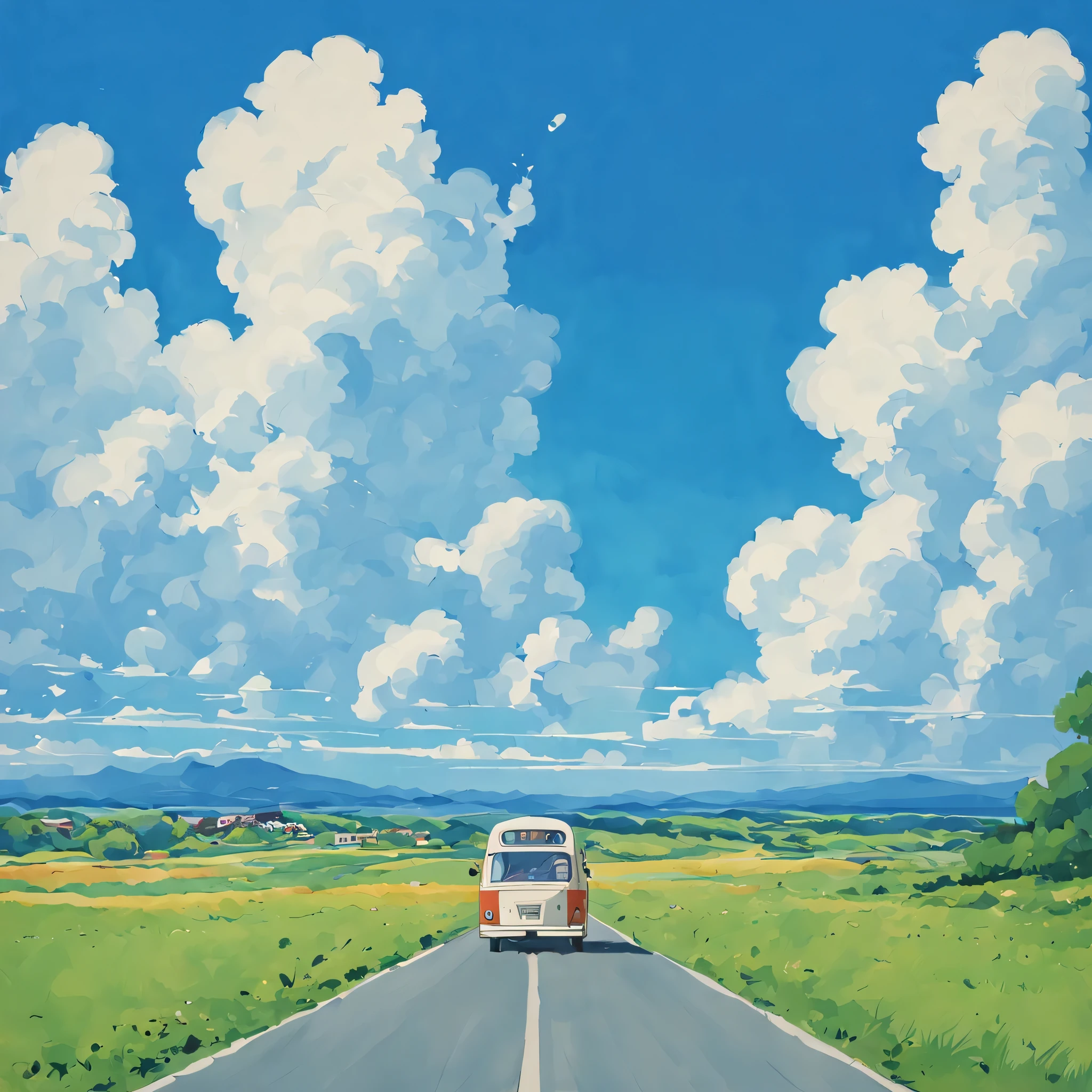 (Minimalism:1.4), There is a minibus on the road, ghibli studio art, Miyazaki, Pasture with blue sky and white clouds