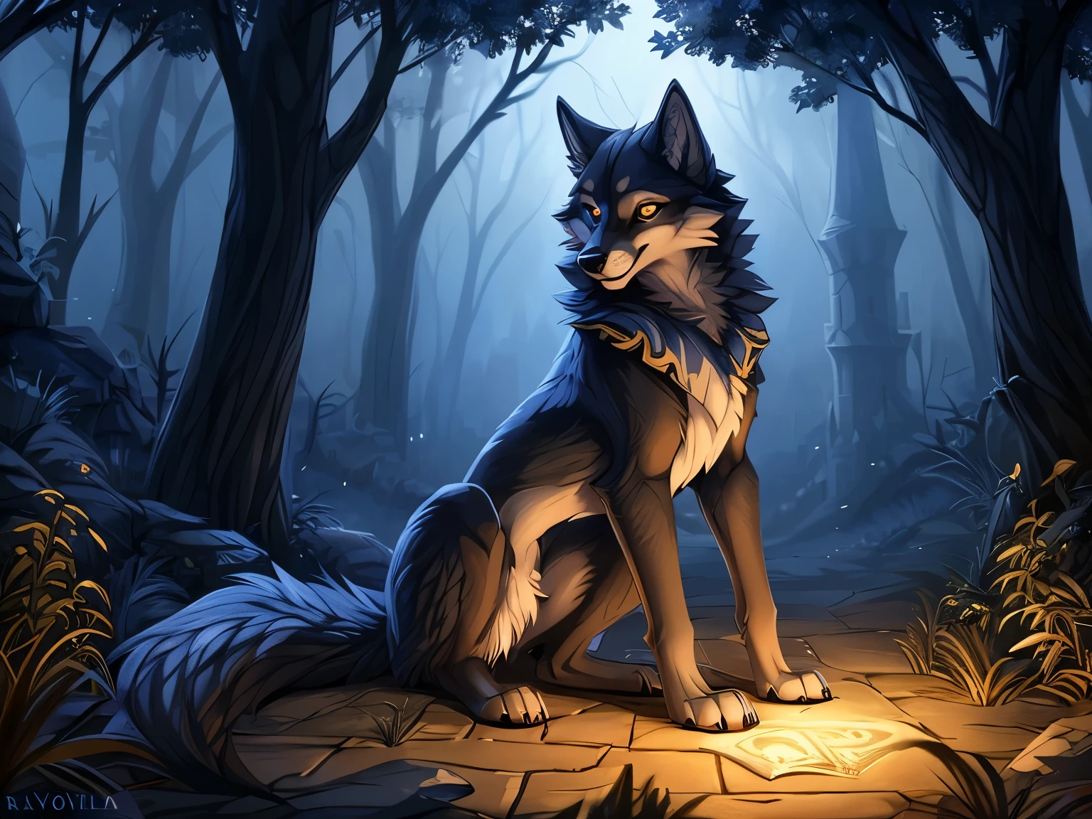 (by Hioshiru), by fluff-kevlar, (wolf:1.4), ((feral)), (quadruped), 8k, 4k, 2k, detailed, intricate, (female), ((solo)), (masterpiece), best quality, (detailed eyes:1.4), NSFW, (hogsks), (photo-realistic), hogwarts, harry potter, (((ravenclaw))), uploaded on e621, castle, light belly fur, (grey fur)), gold eyes, (fluffy tail), skinny, long legs, canine paws, smiling, long ears, long snout, madhouse-Animestyle, dark forest, night lighting, canine vagina, anatomically correct canine, correct anatomy, sitting on haunches, head cocked