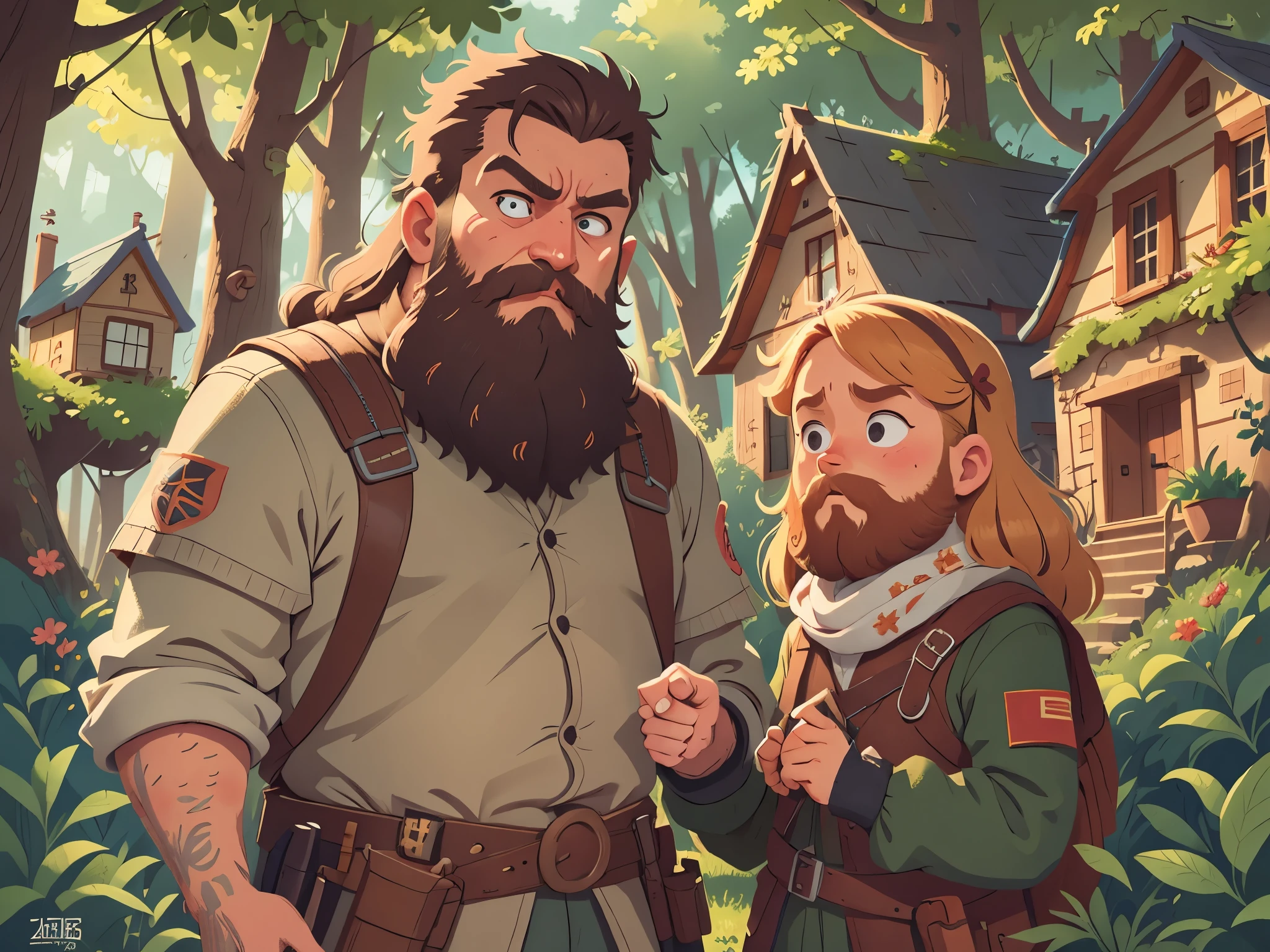 [[[Ultra-detailed, best quality, beautiful, 4K, detailed faces, medieval stories]]], Serious, blond-bearded middle-aged man, with a wooden house in the background, blond-haired middle-aged man with sad expression, Colorful children's book illustrations