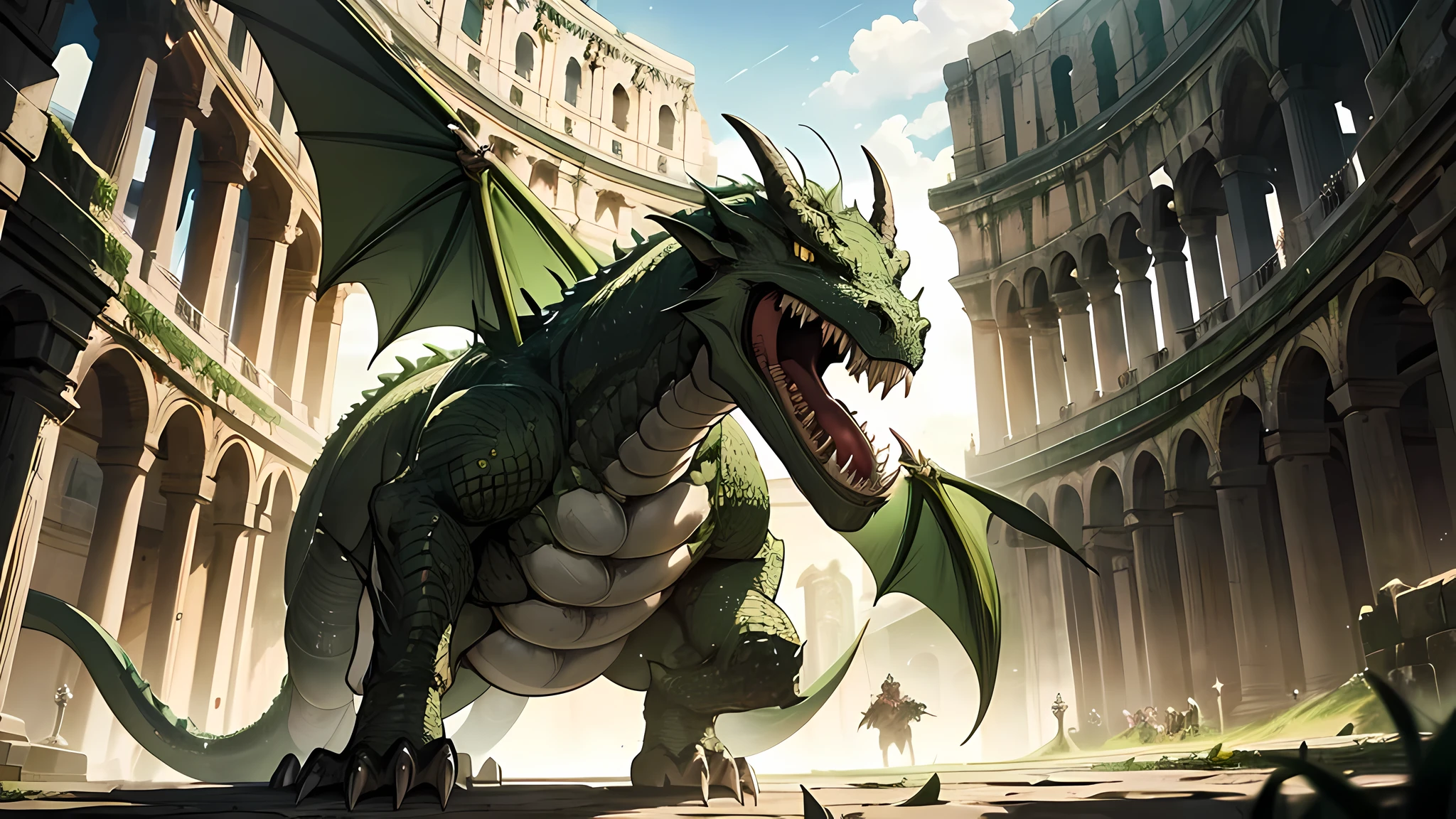green dragon, in center colloseum, medieval times, gladiator, Its slimy, green scales were flickering in the sunlight. It was a large dragon, sharp teeth, menacing, Not even by the dragon’s tusks and claws, not to mention its fearsome, terrible breath will we be outdone