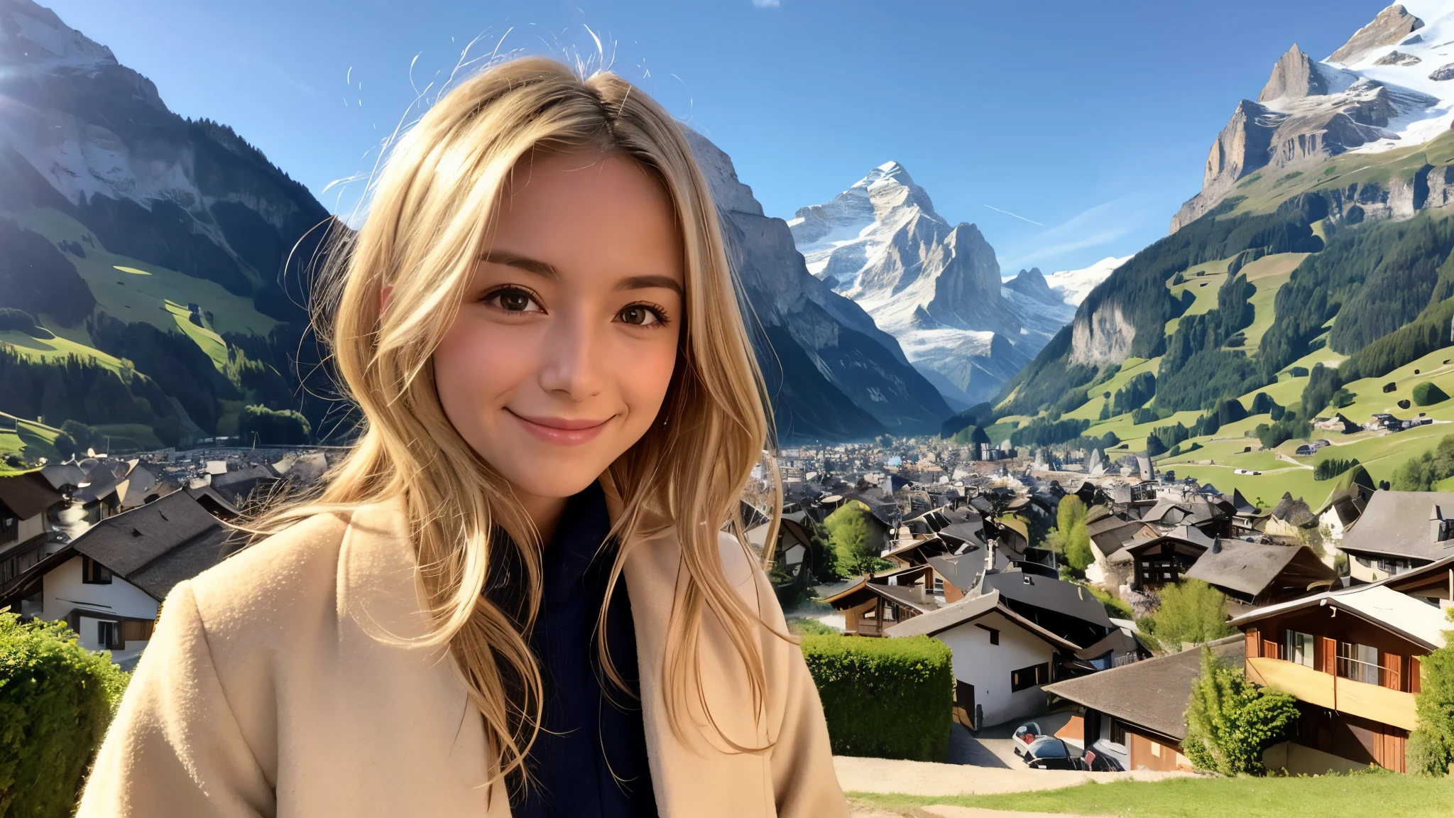 Instagram pictures, 1 French girl, Shoulder length hair, Has light blonde hair, Close-up photo, coat, The background is the village of Grindelwald....., Switzerland, smile a little,