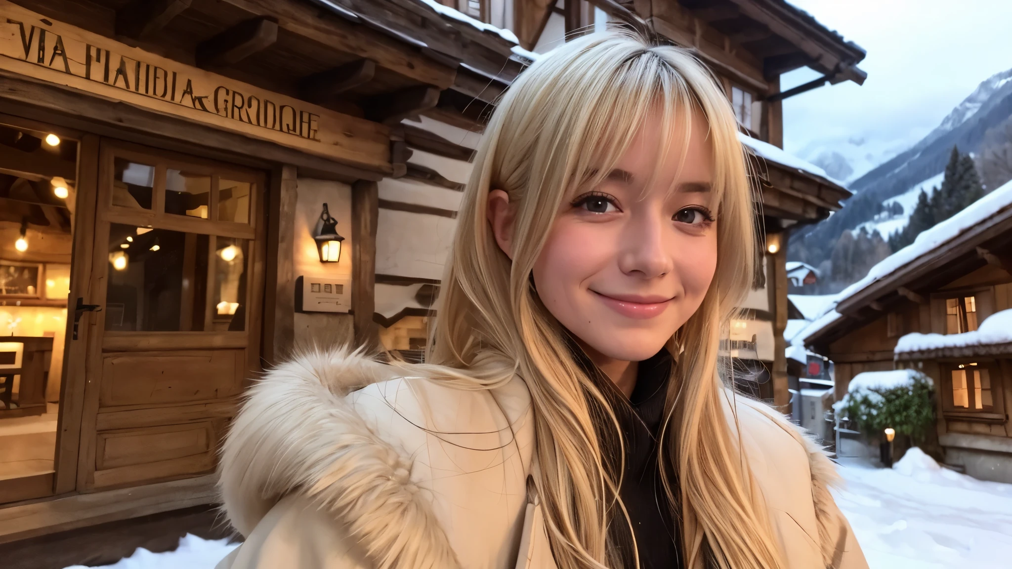 Instagram pictures, 1 French girl, Shoulder length hair, Has light blonde hair, Close-up photo, coat, The background is the village of Grindelwald....., Switzerland, smile a little,
