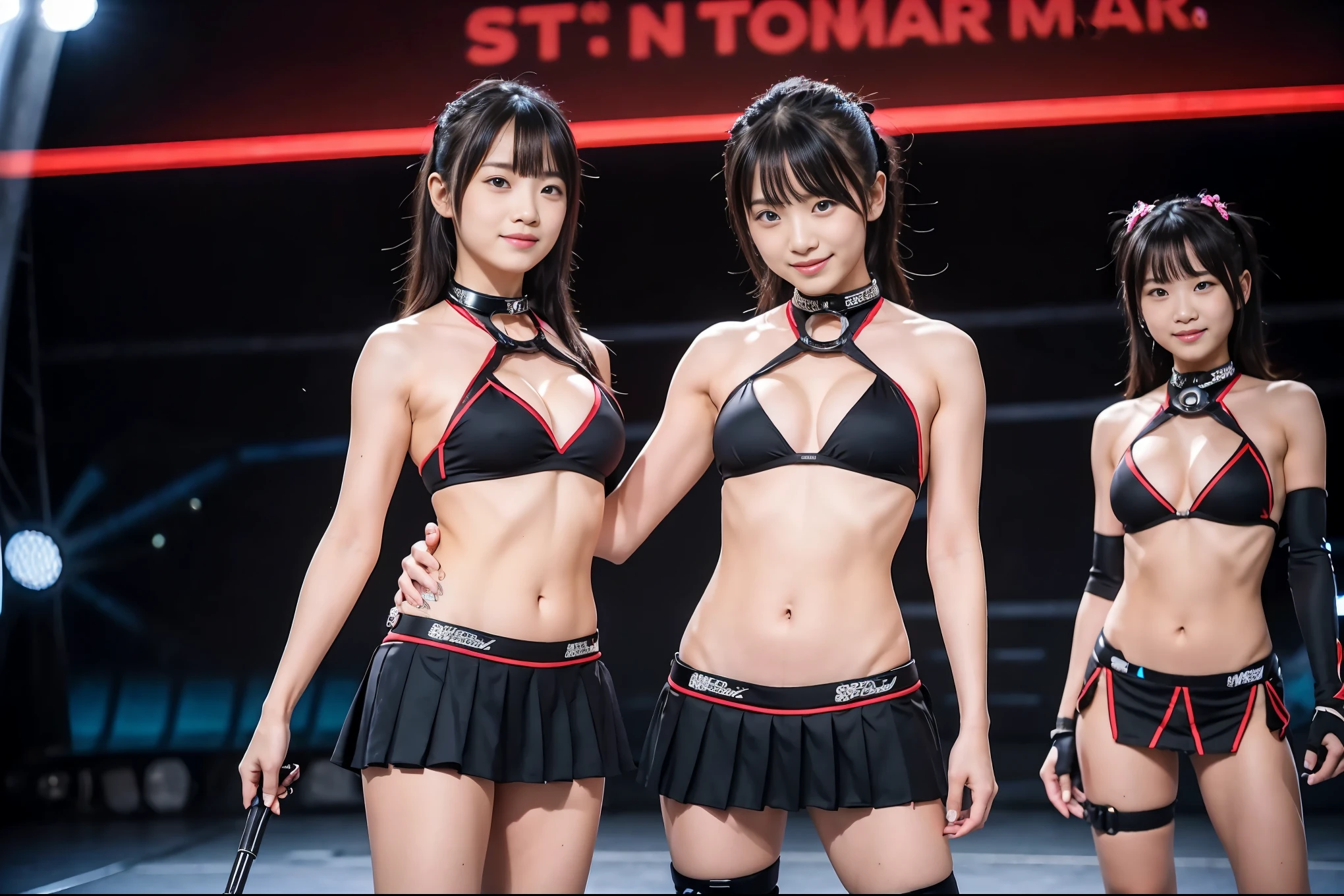 (8x_NMKD-Superscale_150000_G),(8K, Super high quality,highest quality),(masterpiece:1.5),(Head to knee photo Standing),(Hands behind back),(iron collar:1.5),(3 girls),(18 years old),(Black bikini Pleated micro mini skirt),Three girls who have been brainwashed by a dictatorial state wear collars, black bikinis and pleated micro , pledge loyalty and become soldiers.,Alignment,exposing cleavage