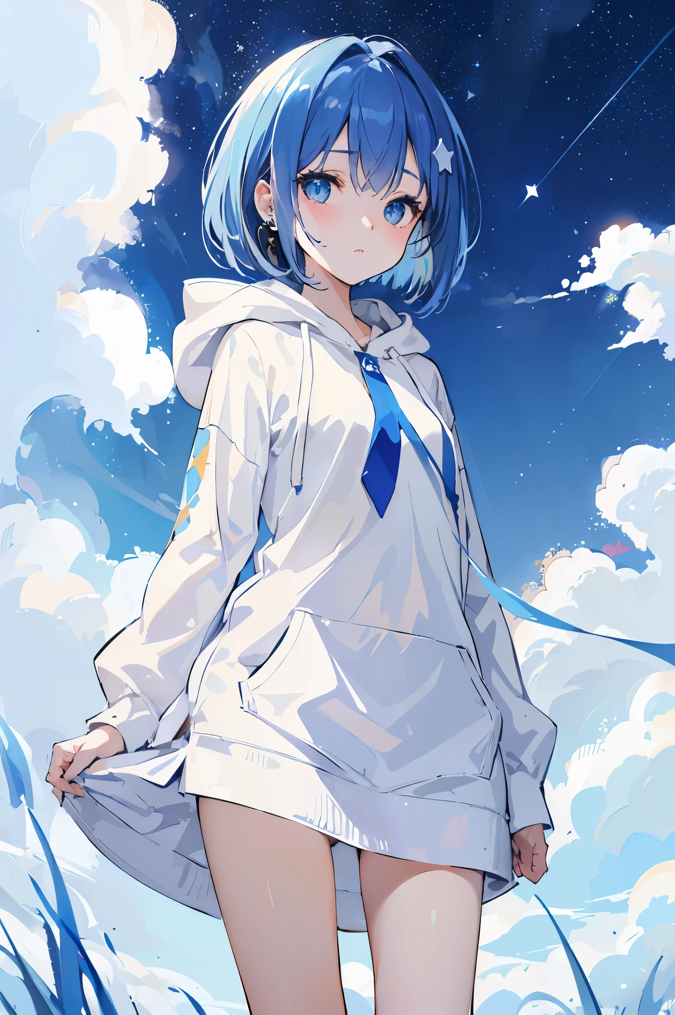 (masterpiece,Delicate and beautiful eyes: 1.2),(No line drawing:1.2),1 girl,,blue hair,Bob Carter,white hoodie,earphone,Sky,starry sky,,side fringe，tie，wind