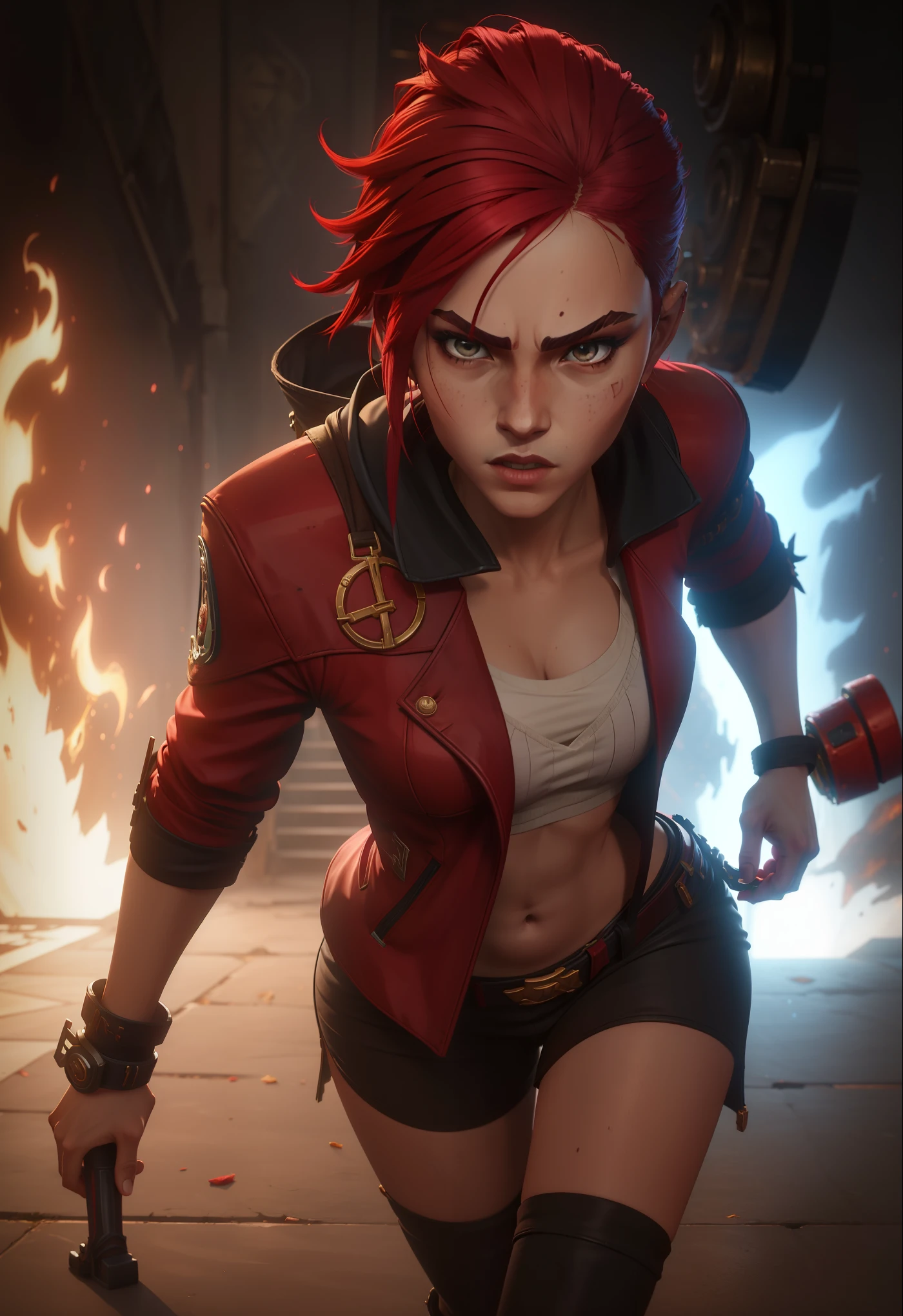 A woman in a red jacket holding a knife and fire - SeaArt AI