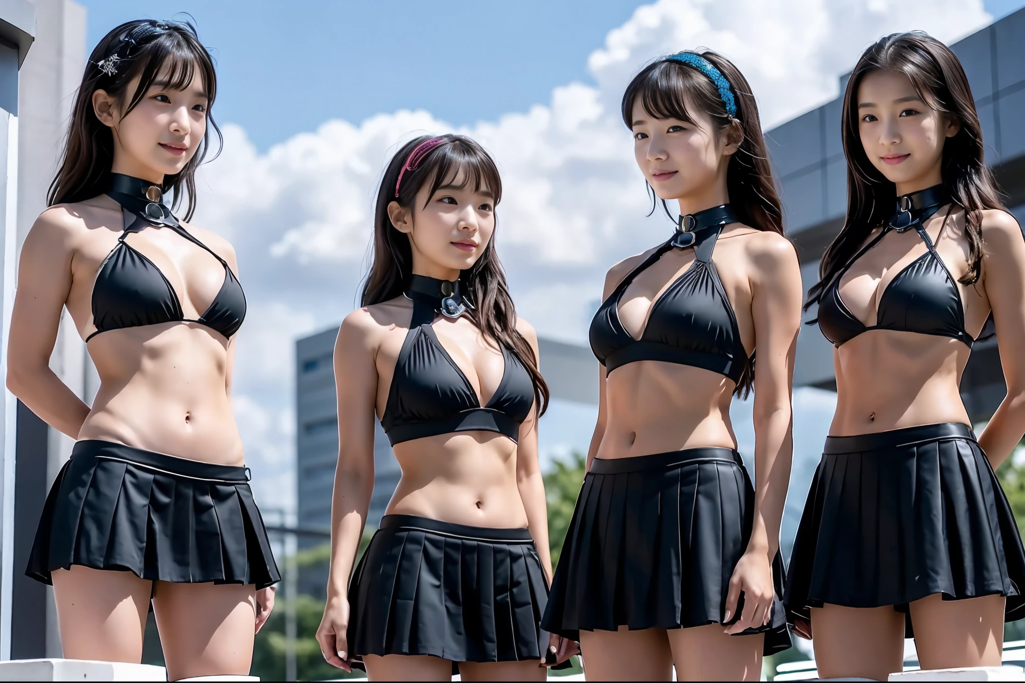 (8x_NMKD-Superscale_150000_G),(8K, Super high quality,highest quality),(masterpiece:1.5),(Head to knee photo Standing),(Hands behind back),(iron collar:1.5),(3 girls),(18 years old),(Black bikini Pleated micro mini skirt),Three girls who have been brainwashed by a dictatorial state wear collars, black bikinis and pleated micro , pledge loyalty and become soldiers.,line up at the base,exposing cleavage