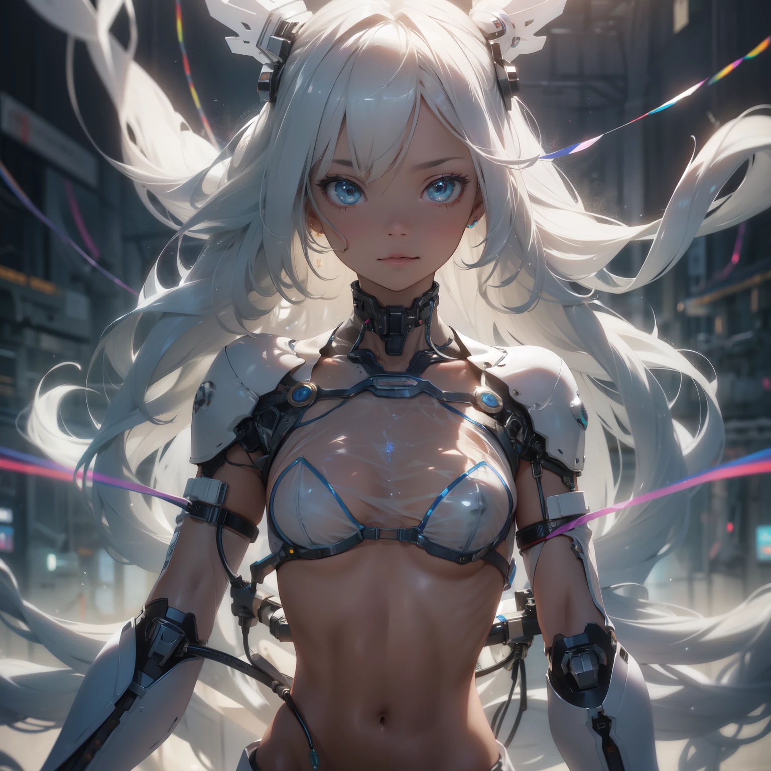 (quality)), ((masterpiece)), Recommended results、Puffy nipples、(see through:1.5)、straighten your back、abdominal muscles、huge bust、angle to floor:1.2、low camera angle、Hair loss on crotch,Hatsune Miku,super detailed)), (Very detailed的CG插画), ((extremely delicate and beautiful)),(1 white transparent mechanical girl)),alone,whole body,(Machine made joints:1.2),((mechanical limbs)),(Flashing blood vessel points connected to tubes),(Mechanical vertebrae attached to the back,with flowing glitter.),((Flowing rainbow fixed around neck)),perfect round face,(wires and cables attaching to neck:1.2),(Rainbow wires and cables on the head:1.2)(Character focus),,Very detailed,rich and colorful,most detailed,white ceramic skin,long blonde hair