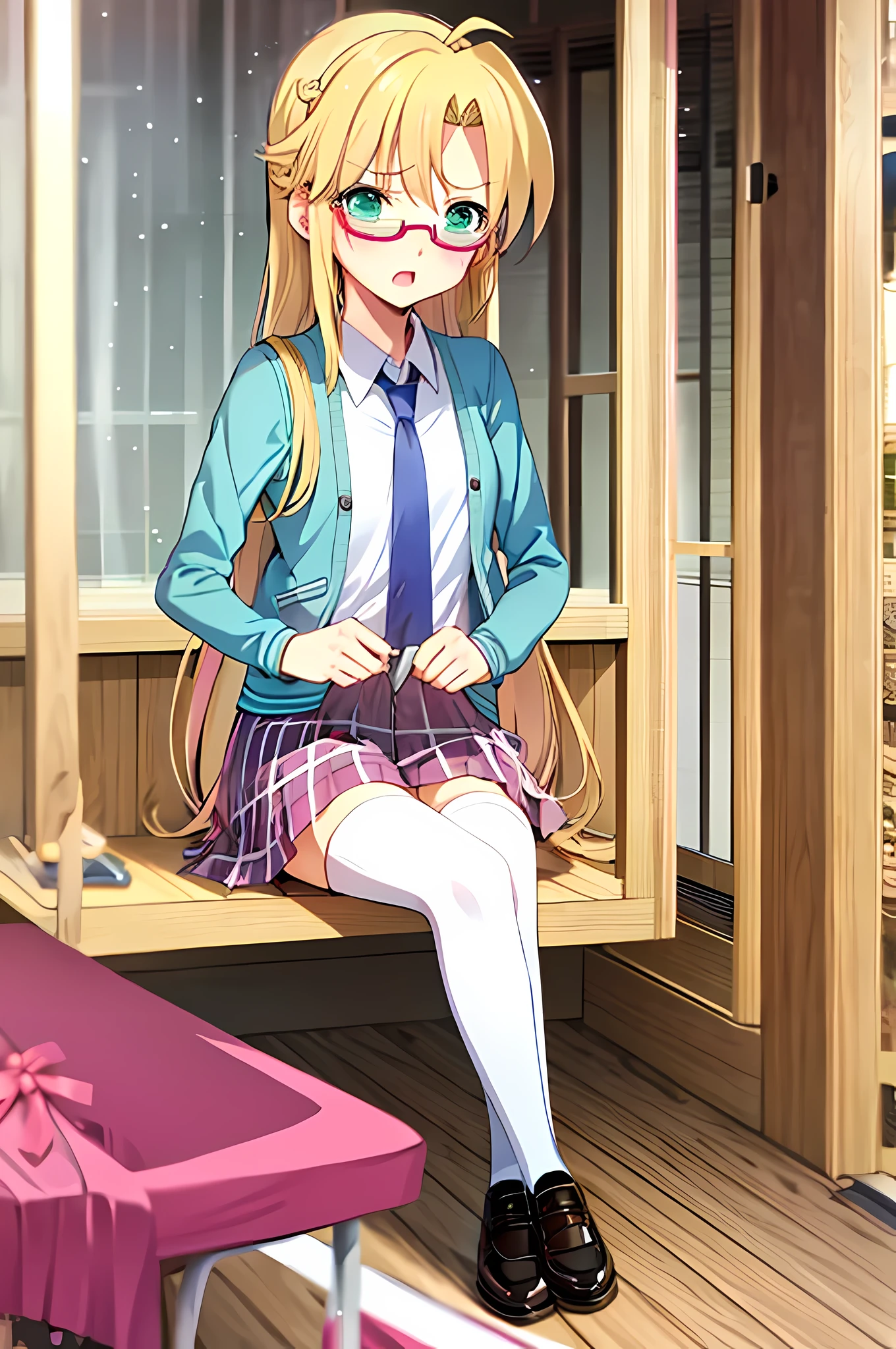 rebeccahawkins, green eyes, blonde hair, long hair, ahoge, bangs, glasses, school uniform, necktie, pink jacket, plaid skirt, skirt, short skirt, zettai ryouiki, embarrassed, sitting, forest