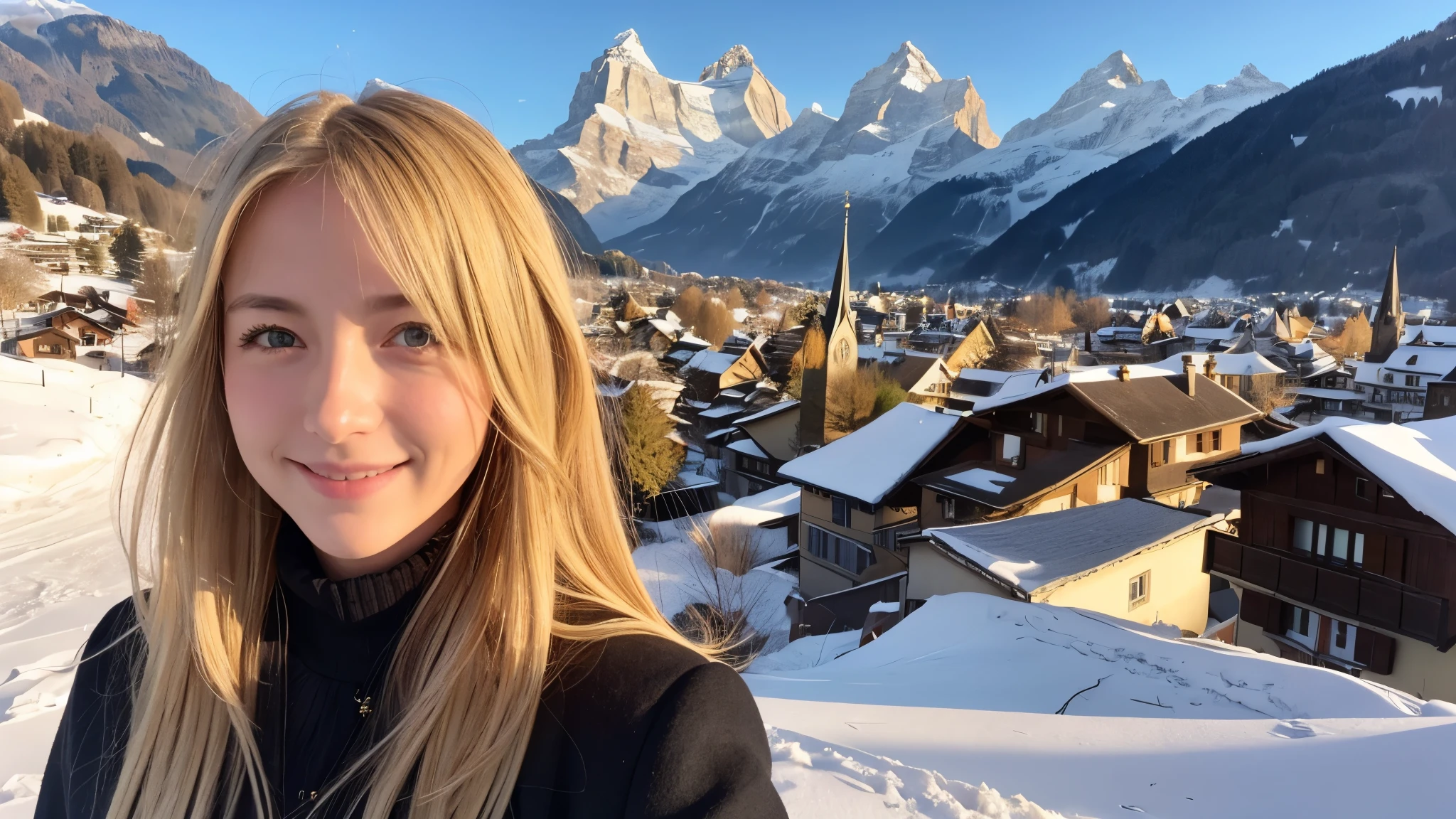 Instagram pictures, 1 French girl, Shoulder length hair, Has light blonde hair, Close-up photo, coat, The background is the village of Grindelwald....., Switzerland, smile a little,