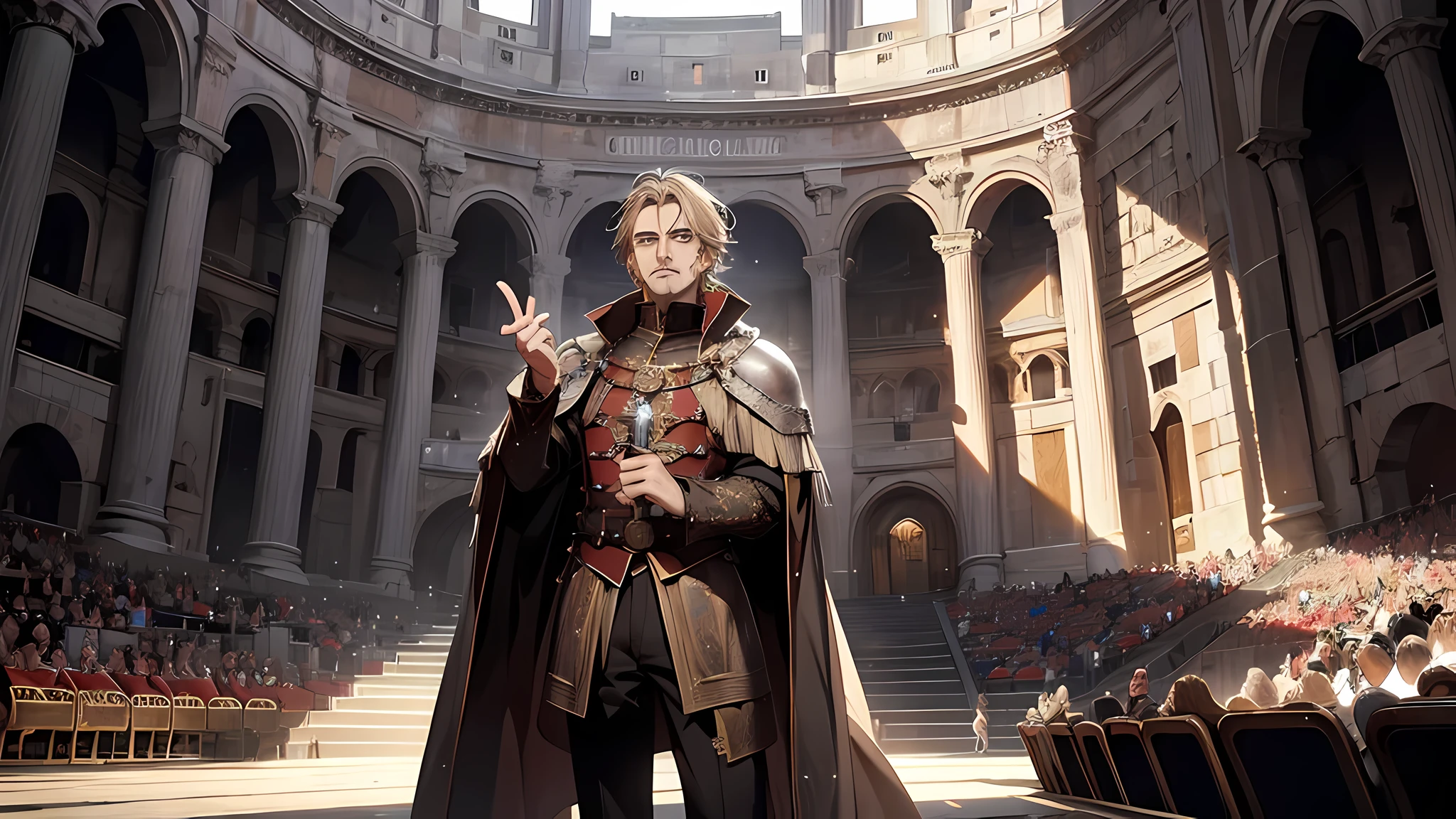 colloseum filled with spectators, medieval times, in a center arena there is a man as an master ceremony, detailed face, detailed eyes, detailed nose, Suddenly an orator standing on an elevation began to speak over a loudspeaker