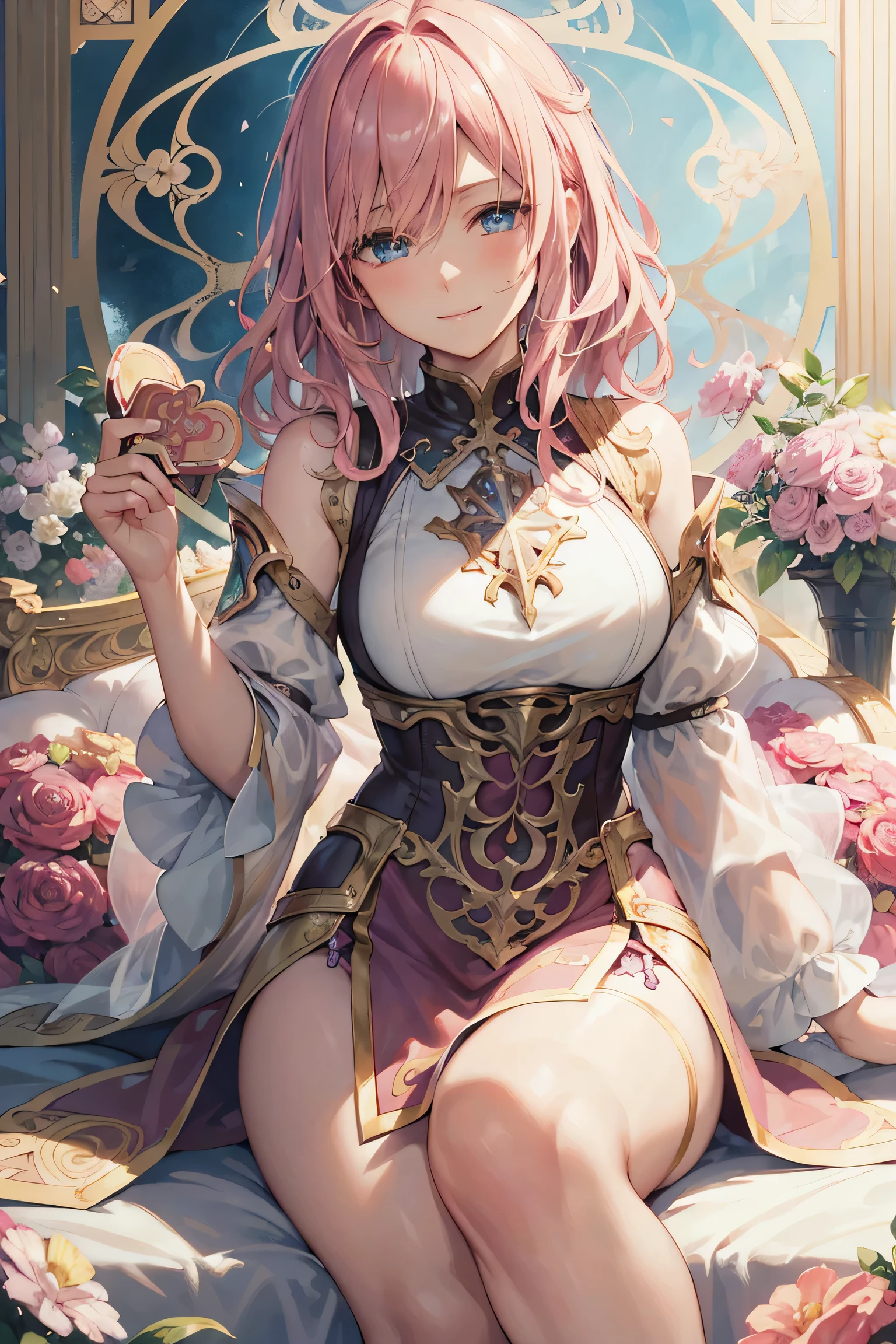 lightning portrait , Final Fantasy,Pink Blonde,medium hair,light perm hair,curly hair on one side,disappoint one&#39;bangs,beautiful blue eyes,beautiful and high nose,With a fearless look,smile,super high quality,super high quality,masterpiece, floral frame, decorative panel, abstract artistic, By Alphonse Mucha
(masterpiece, highest quality, High resolution:1.4), become familiar with, intricate details, 4K, splash of color, line drawing,   fibonacci,fantasy candy land,Valentine&#39;s Day,have some delicious chocolate,