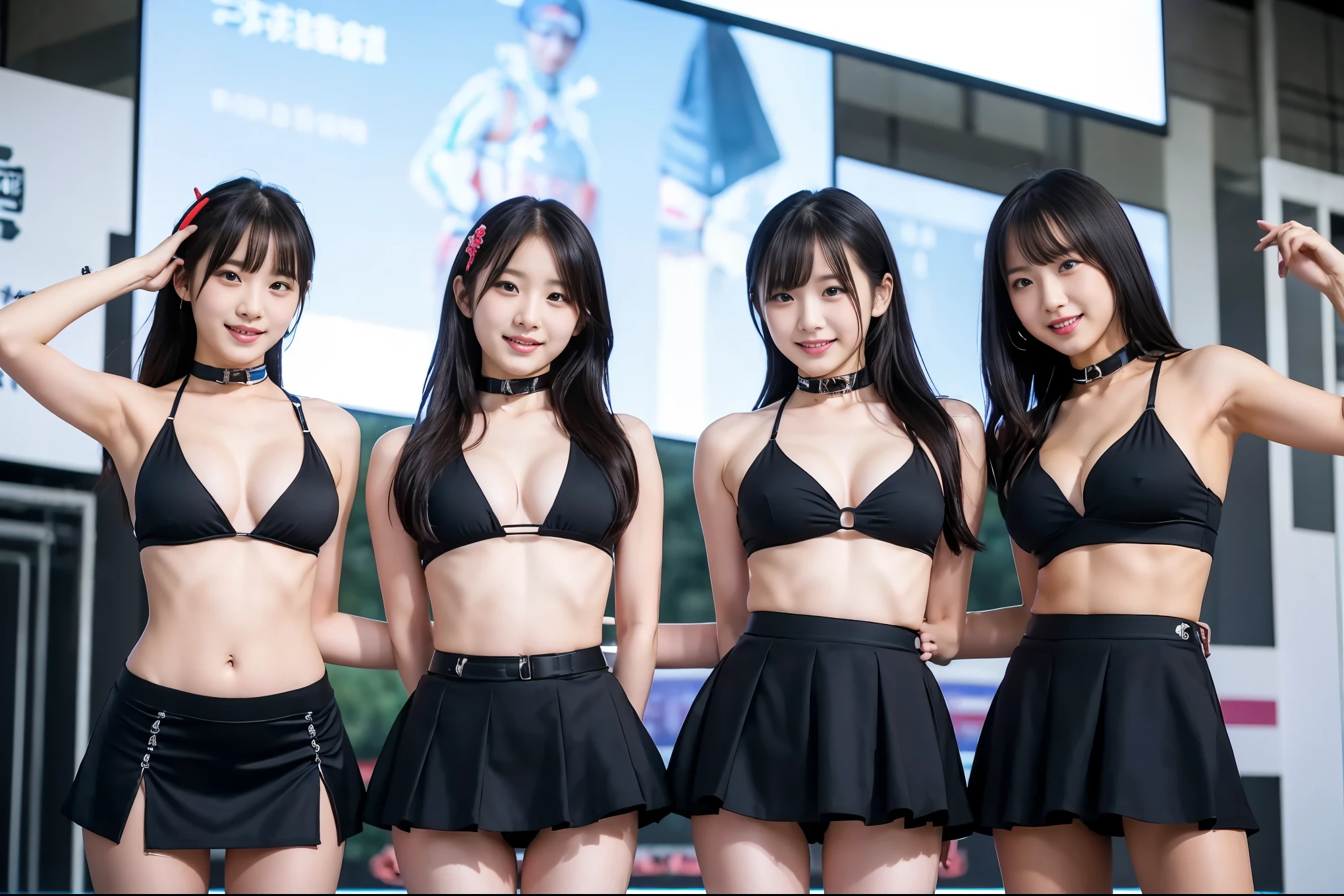 (8x_NMKD-Superscale_150000_G),(8K, Super high quality,highest quality),(masterpiece:1.5),(Head to knee photo Standing),(Hands behind back),(iron collar:1.5),(3 girls),(18 years old),(brainwashing),(Black bikini Pleated micro mini skirt),Three girls who have been brainwashed by a dictatorial state wear collars, black bikinis and pleated micro , pledge loyalty and become soldiers.,line up at the base,exposing cleavage